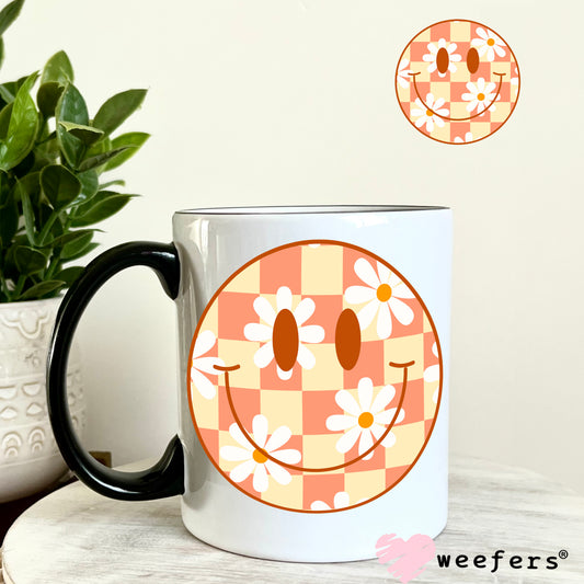 Yellow and Coral Checkered Flower Smile Face UV DTF Decal 11oz Coffee Mug Weefers
