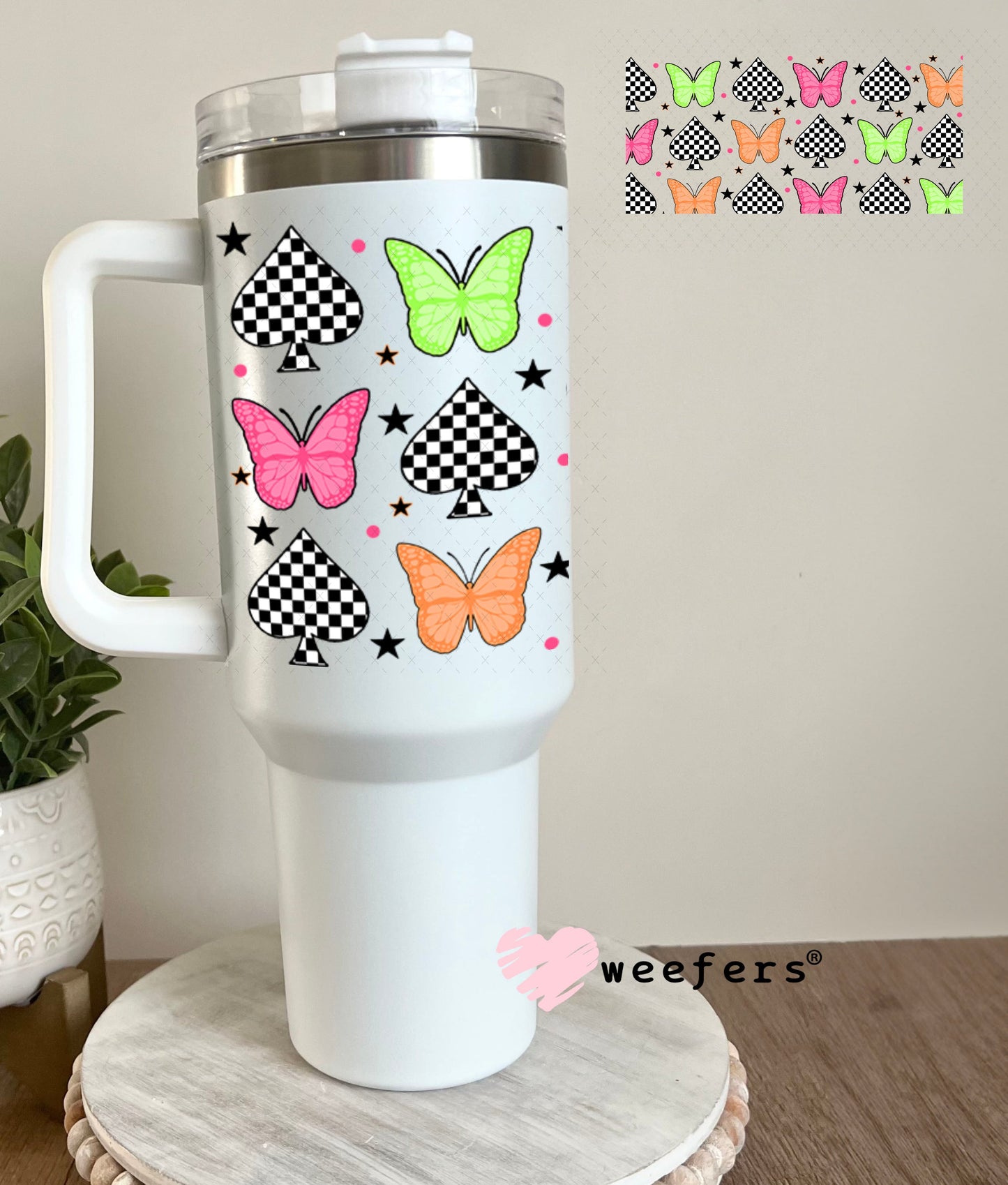 Green Pink and Orange Butterflies UV DTF Cup Wrap - Weefers Exclusive Wrap 40oz Tumbler Wrap Weefers