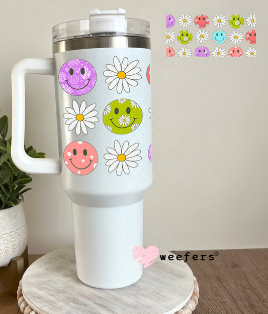 Happy Faces White Flowers UV DTF Cup Wrap - Weefers Exclusive Wrap 40oz Tumbler Wrap Weefers