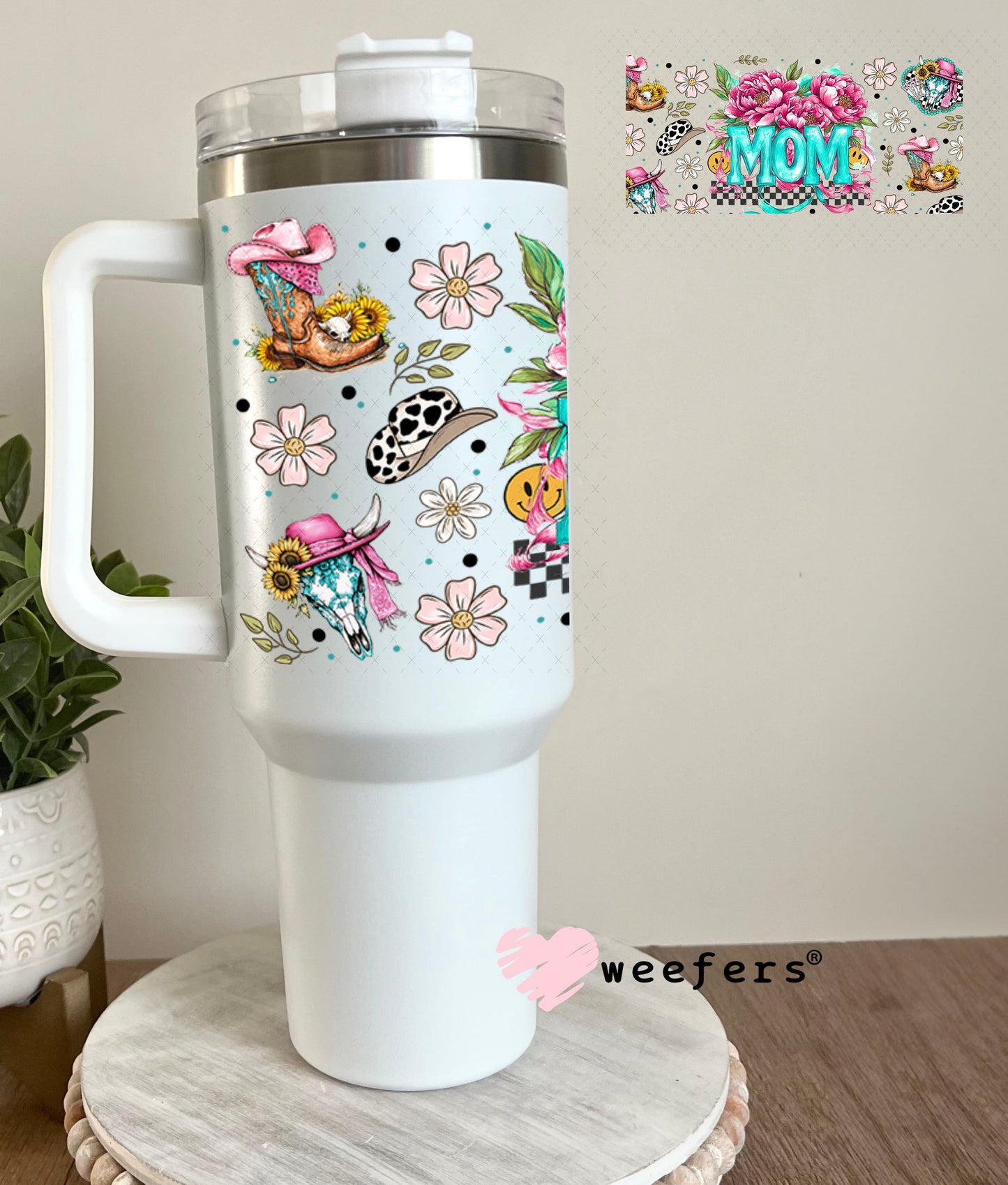 Mom Pink Flowers Western UV DTF Cup Wrap - Weefers Exclusive Wrap 40oz Tumbler Wrap Weefers