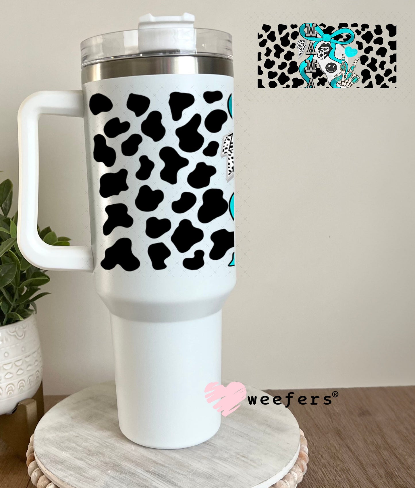 Mama Blue Bow Black Cow Print UV DTF Cup Wrap - Weefers Exclusive Wrap Weefers