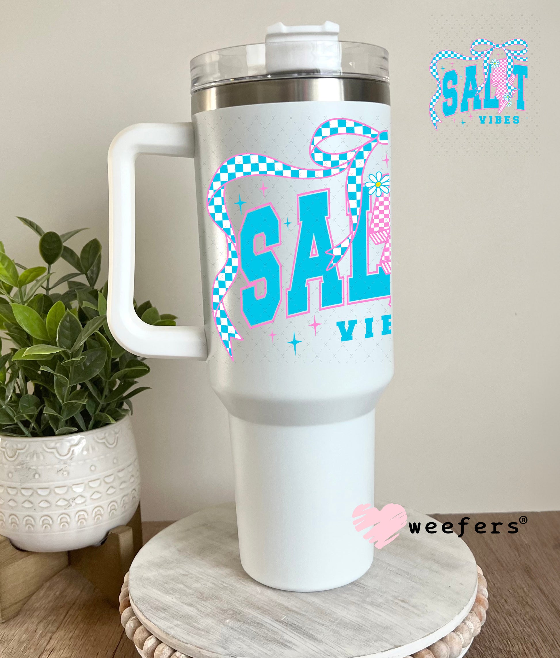 Salty Vibes Pink and Blue UV DTF Decal 40oz Tumbler Weefers