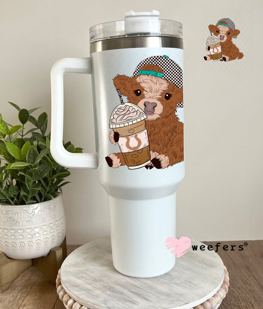 Baby Highlander Cow Coffee Checkered Black Cap UV DTF Decal 40oz Tumbler Decal Weefers