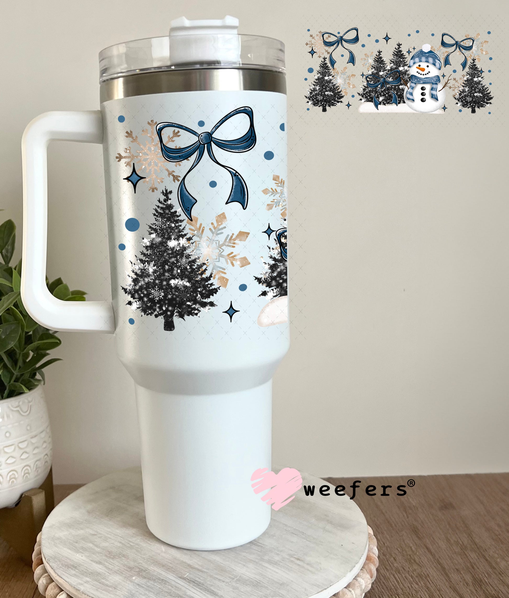 Blue Bow Snowman Christmas UV DTF Cup Wrap 40oz Tumbler Cup Wrap Weefers