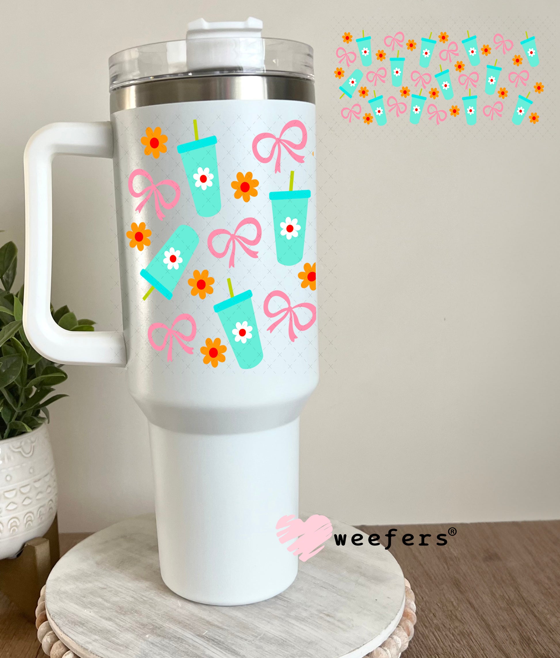 Teal cups and Pink Bows UV DTF Cup Wrap 40oz Tumbler Cup Wrap Weefers
