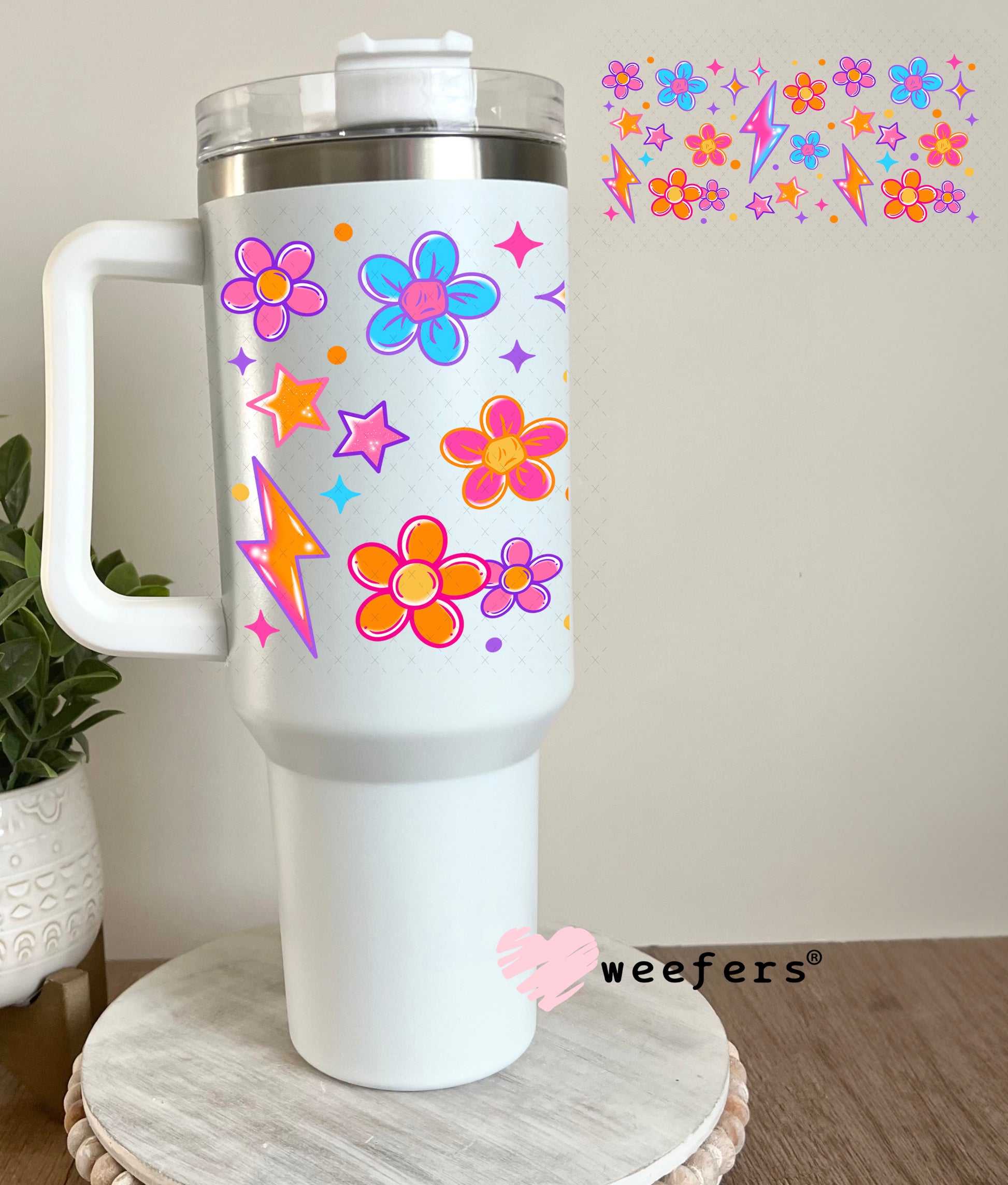Blue Orange Flowers and Lightening Bolt UV DTF Cup Wrap 40oz Tumbler Cup Wrap Weefers