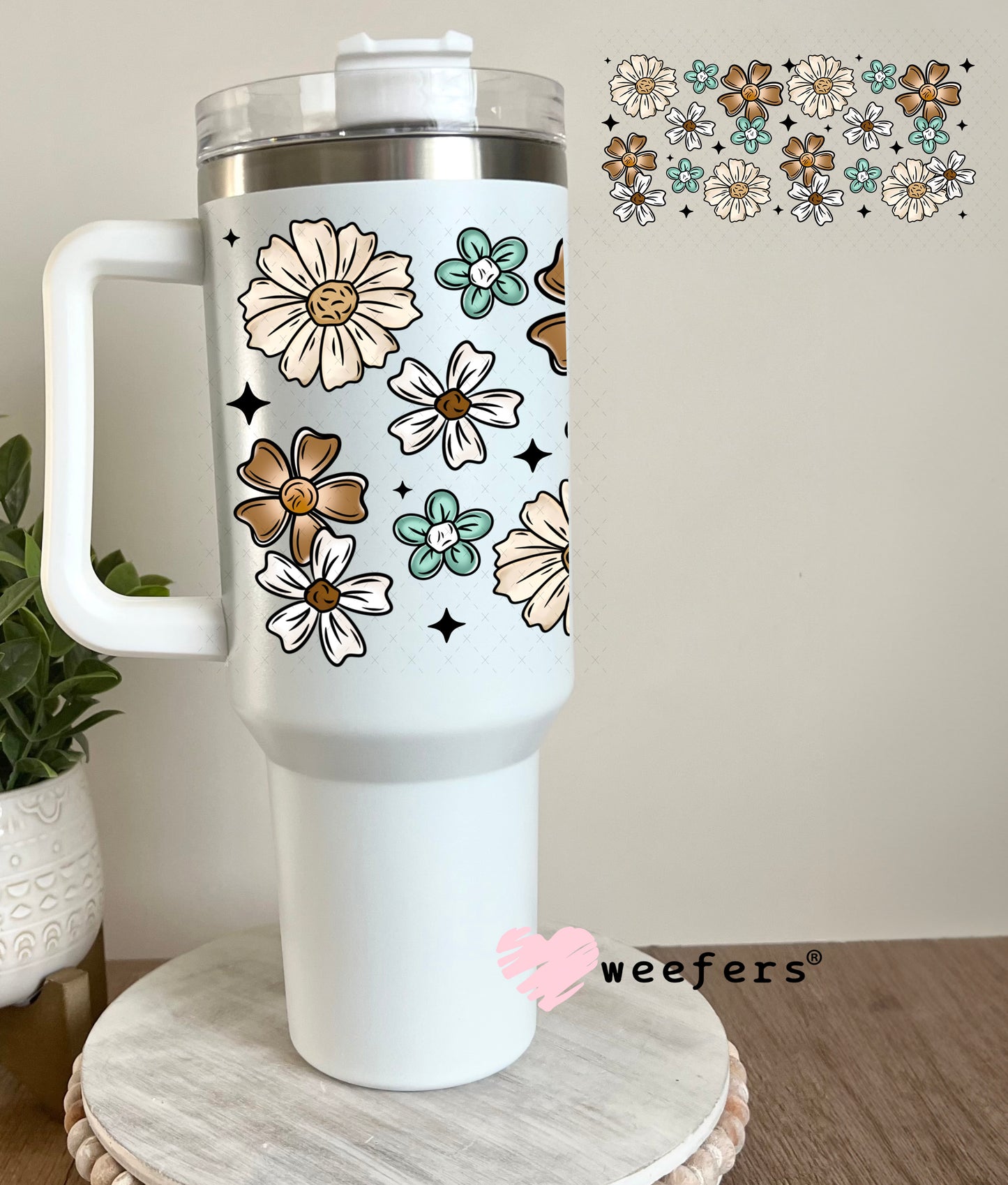 Brown, Teal and Tan Flowers UV DTF Cup Wrap 40oz Tumbler Cup Wrap Weefers