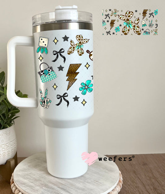Brown Cow Print Balloon Dog Teal Bow UV DTF Cup Wrap - Weefers Exclusive 40oz Tumbler Wrap Weefers