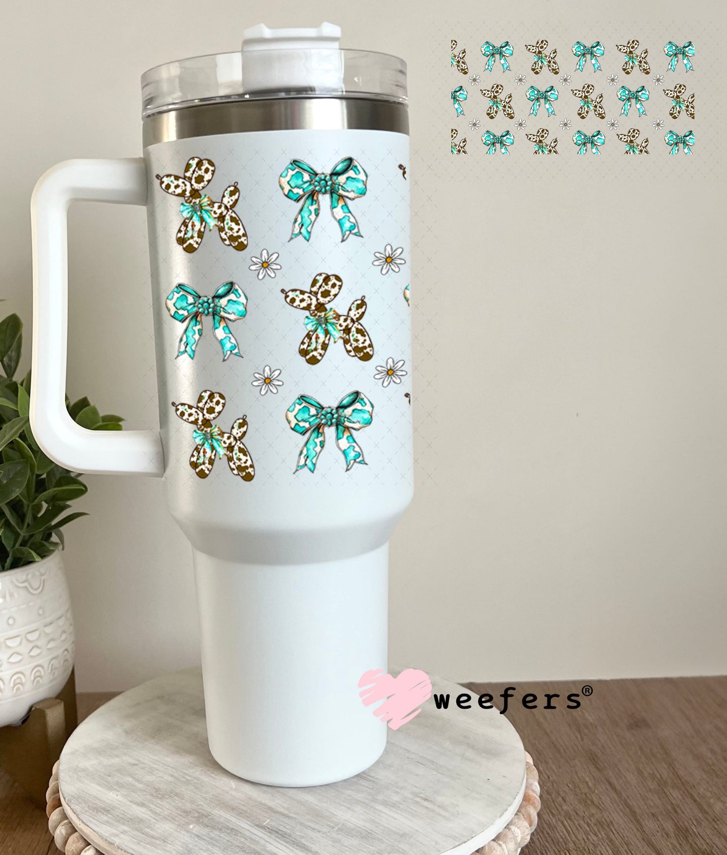 Brown Cow Print Balloon Dog Teal Bow Sidekick UV DTF Cup Wrap - Weefers Exclusive 40oz Tumbler Wrap Weefers