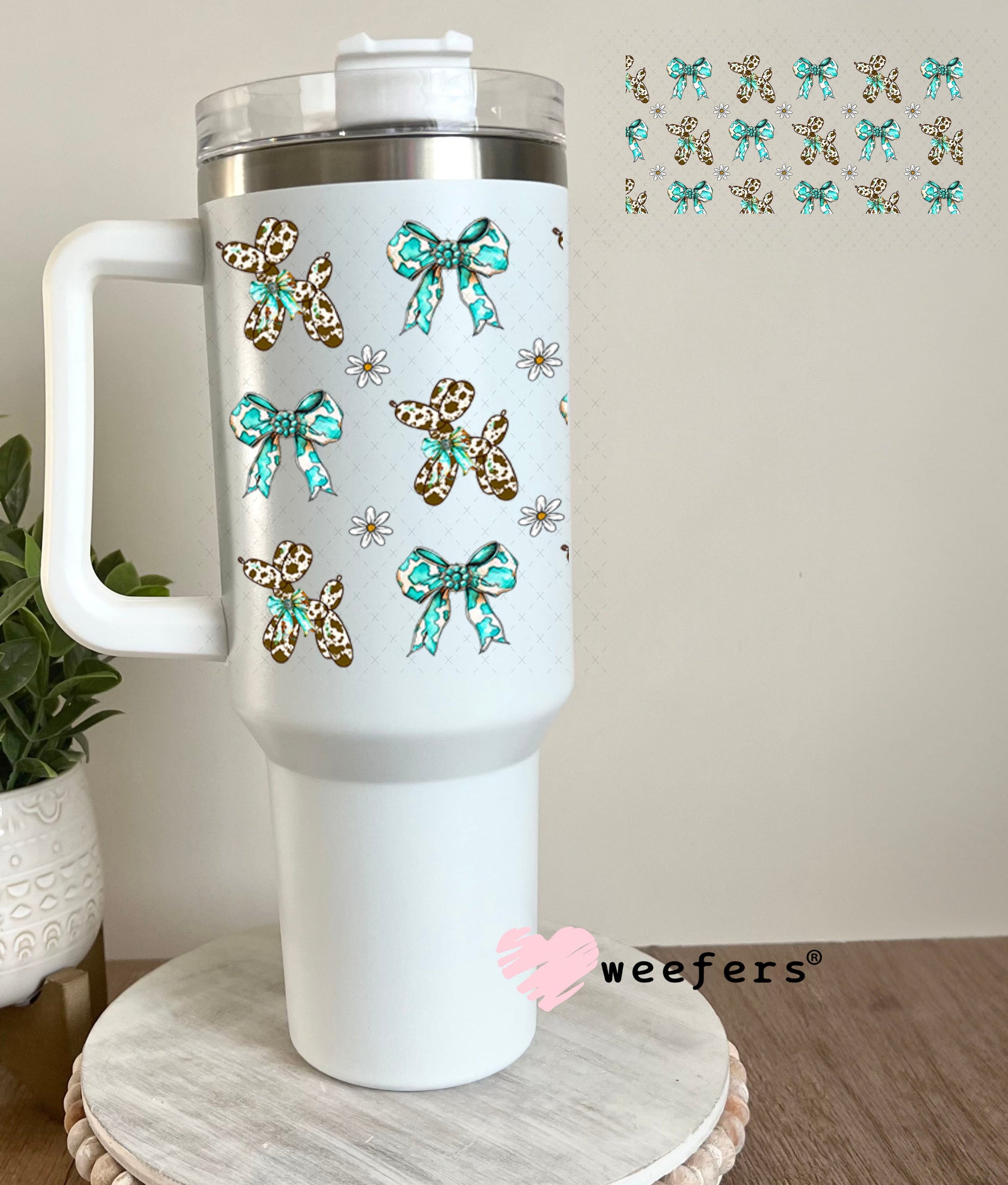 Brown Cow Print Balloon Dog Teal Bow Sidekick UV DTF Cup Wrap - Weefers Exclusive 40oz Tumbler Wrap Weefers