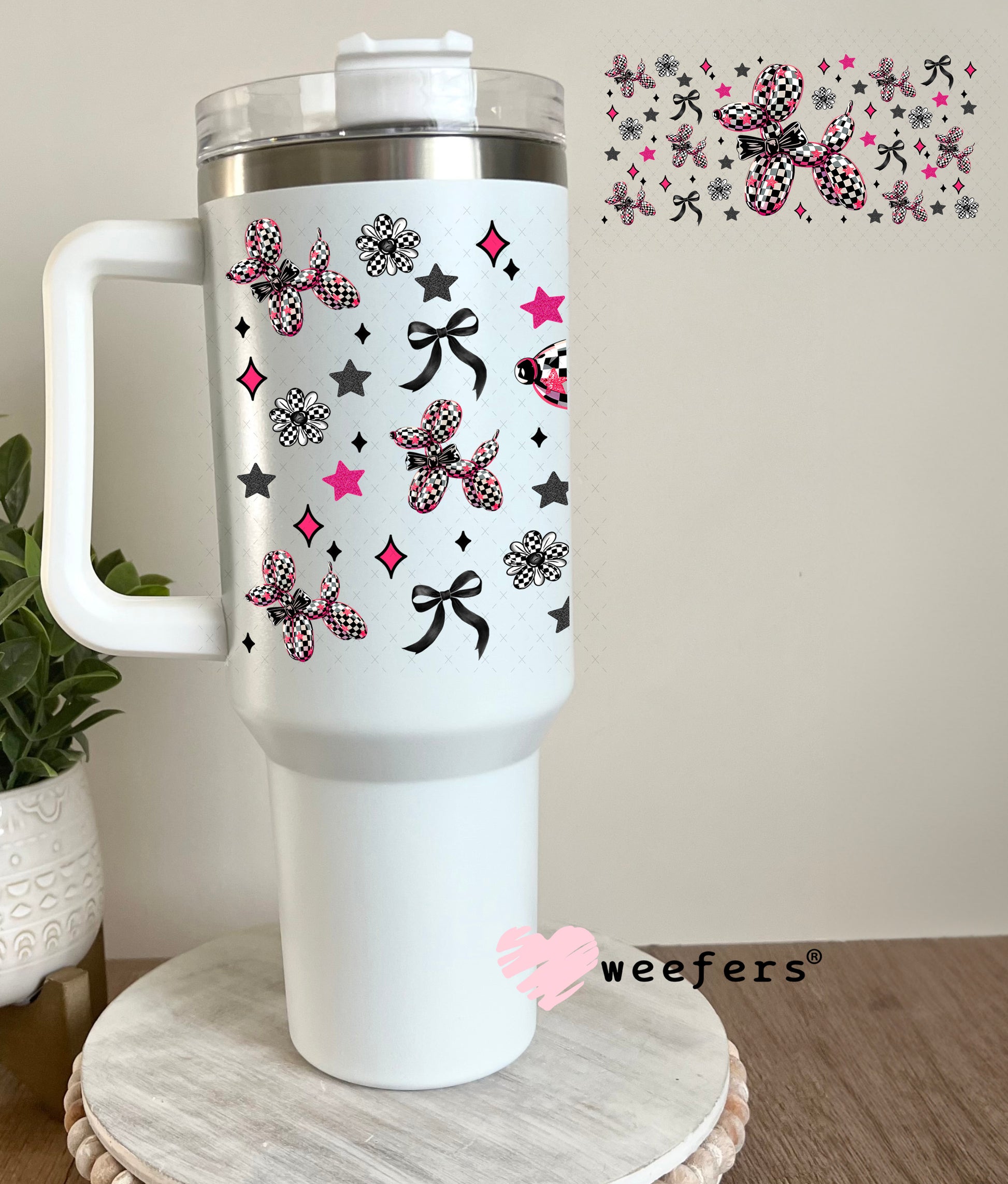 Black and White Checkered Pink Balloon Dog Teal Bow UV DTF Cup Wrap - Weefers® Exclusive 40oz Tumbler Cup Wrap Weefers