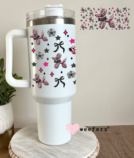 Black and White Checkered Pink Balloon Dog Teal Bow UV DTF Cup Wrap - Weefers® Exclusive 40oz Tumbler Cup Wrap Weefers