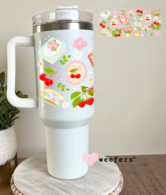 Red Cherries Books and Tea Cottagecore UV DTF Cup Wrap 40oz Tumbler Cup Wrap Weefers