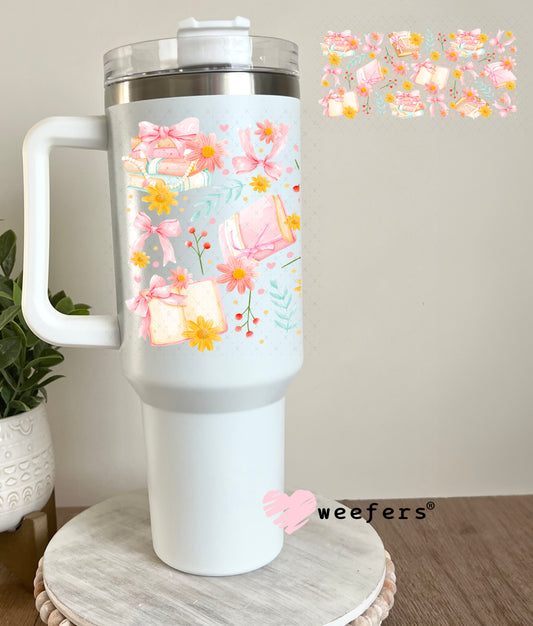 Pink Pastel Book Lover Cottagecore UV DTF Cup Wrap 40oz Tumbler Cup Wrap Weefers