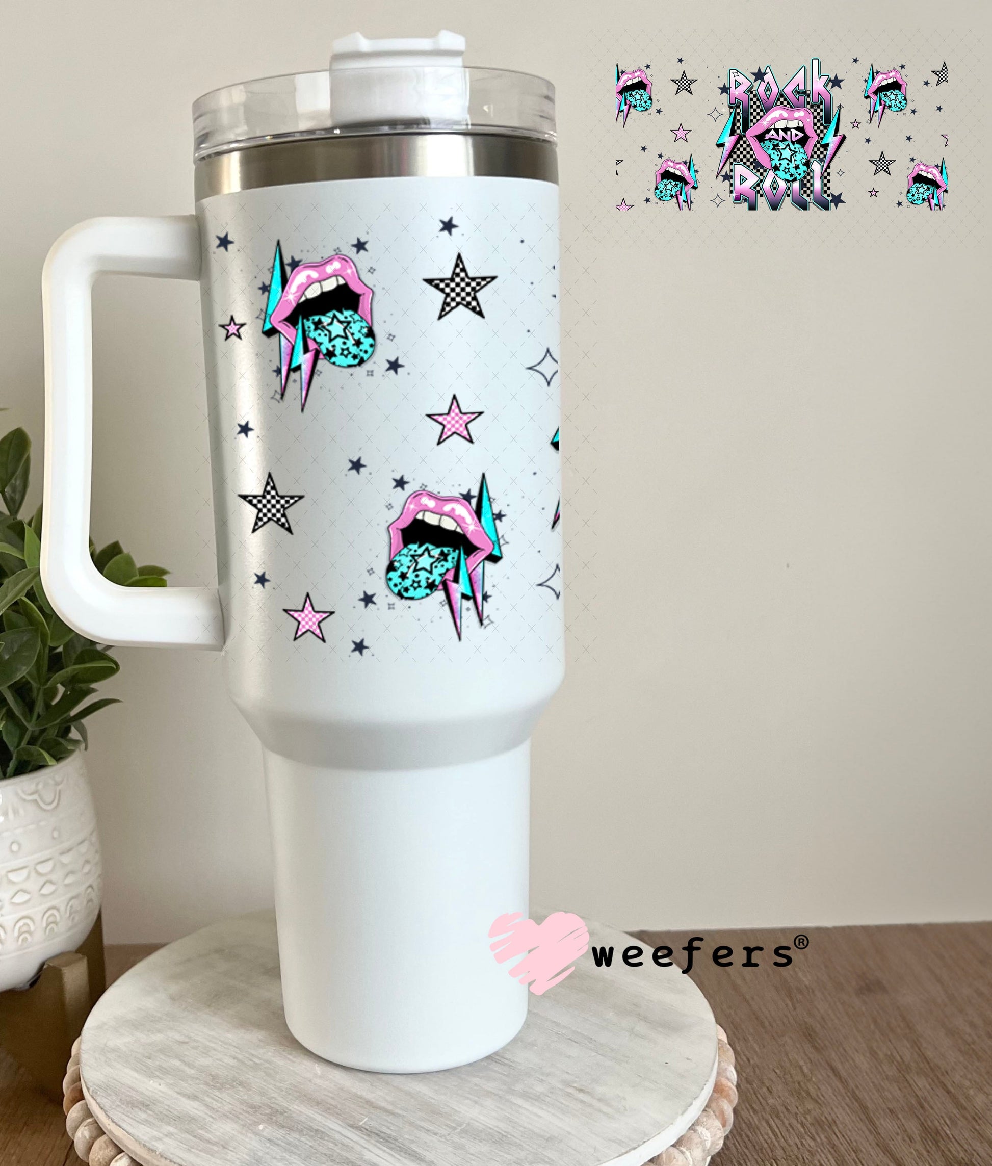 Rock And Roll Purple Teal Lips UV DTF Cup Wrap - Weefers Exclusive Wrap 40oz Tumbler Wrap Weefers