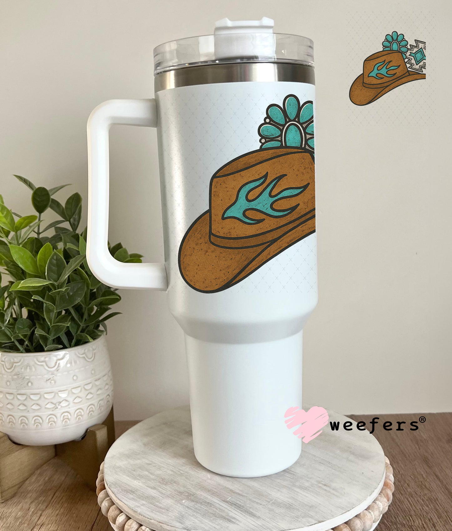 Western Brown Hat and Turquoise Jewels UV DTF Decal 40oz Tumbler Decal Weefers
