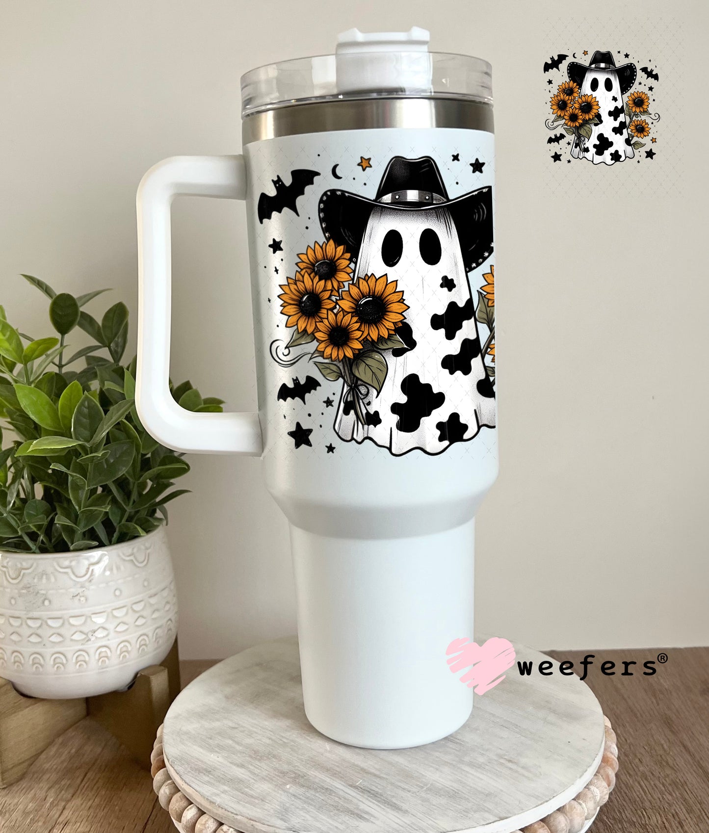 Cow Print Ghost Sunflowers Halloween UV DTF Decal 40oz Tumbler Weefers