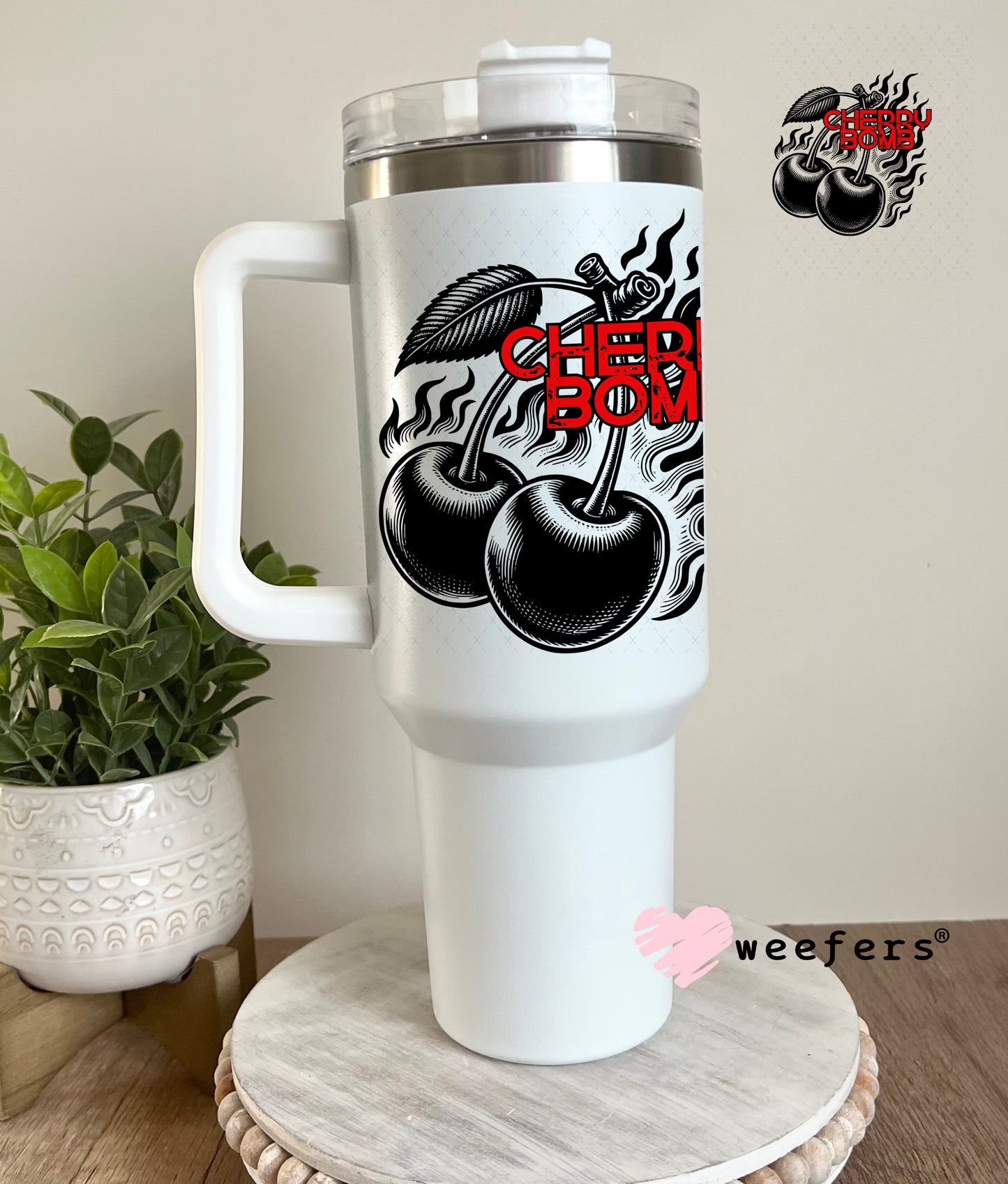 Cherry Bomb Black and Red UV DTF Decal 40oz Tumbler Weefers