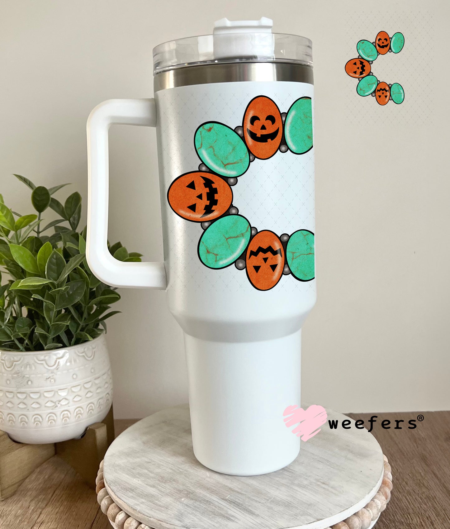 Turquoise and Jack-o-Lantern Bracelet UV DTF Decal 40oz Tumbler Weefers