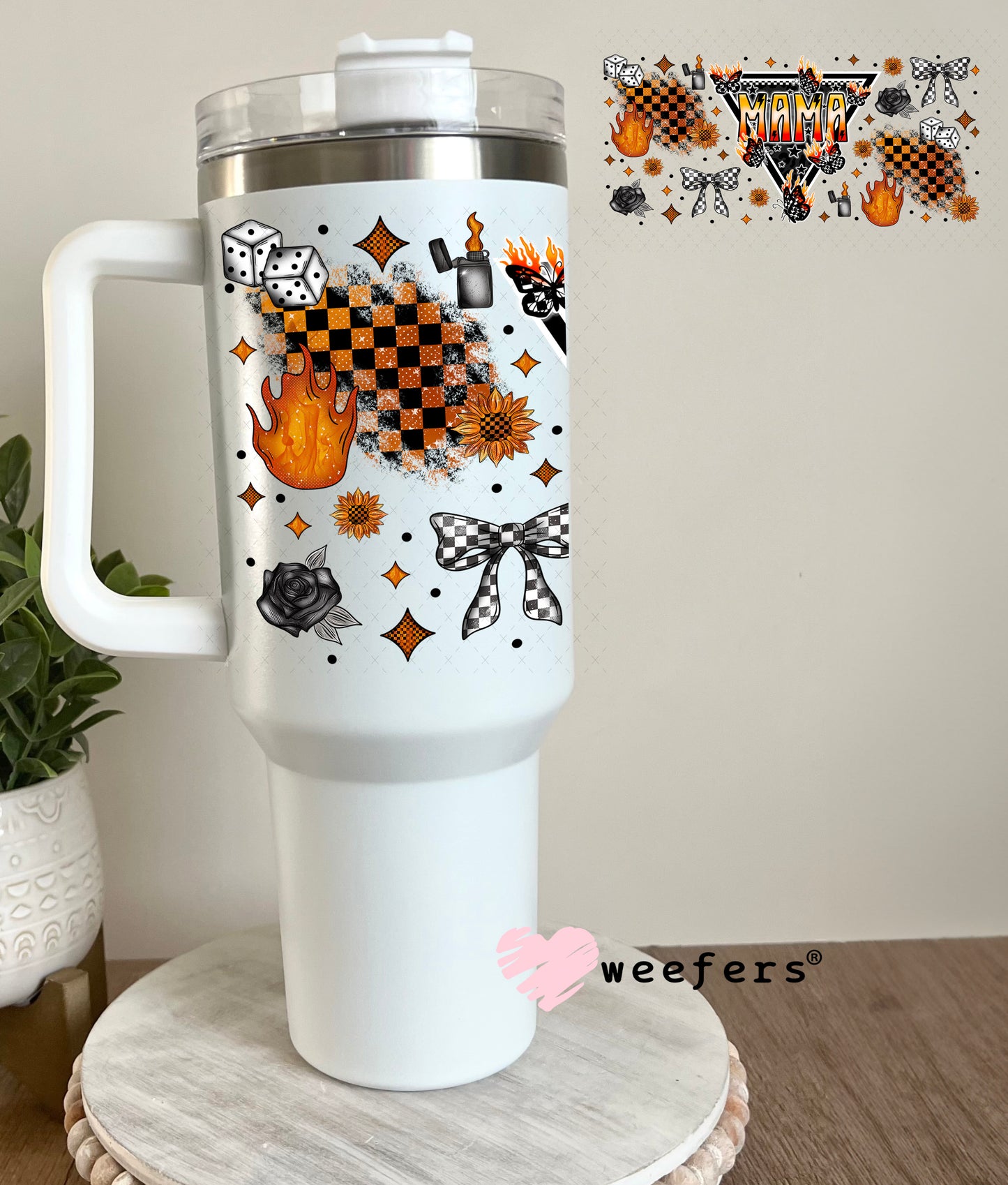 Mama Flames Checkered UV DTF Cup Wrap - Weefers Exclusive 40oz Tumbler Cup Wrap Weefers