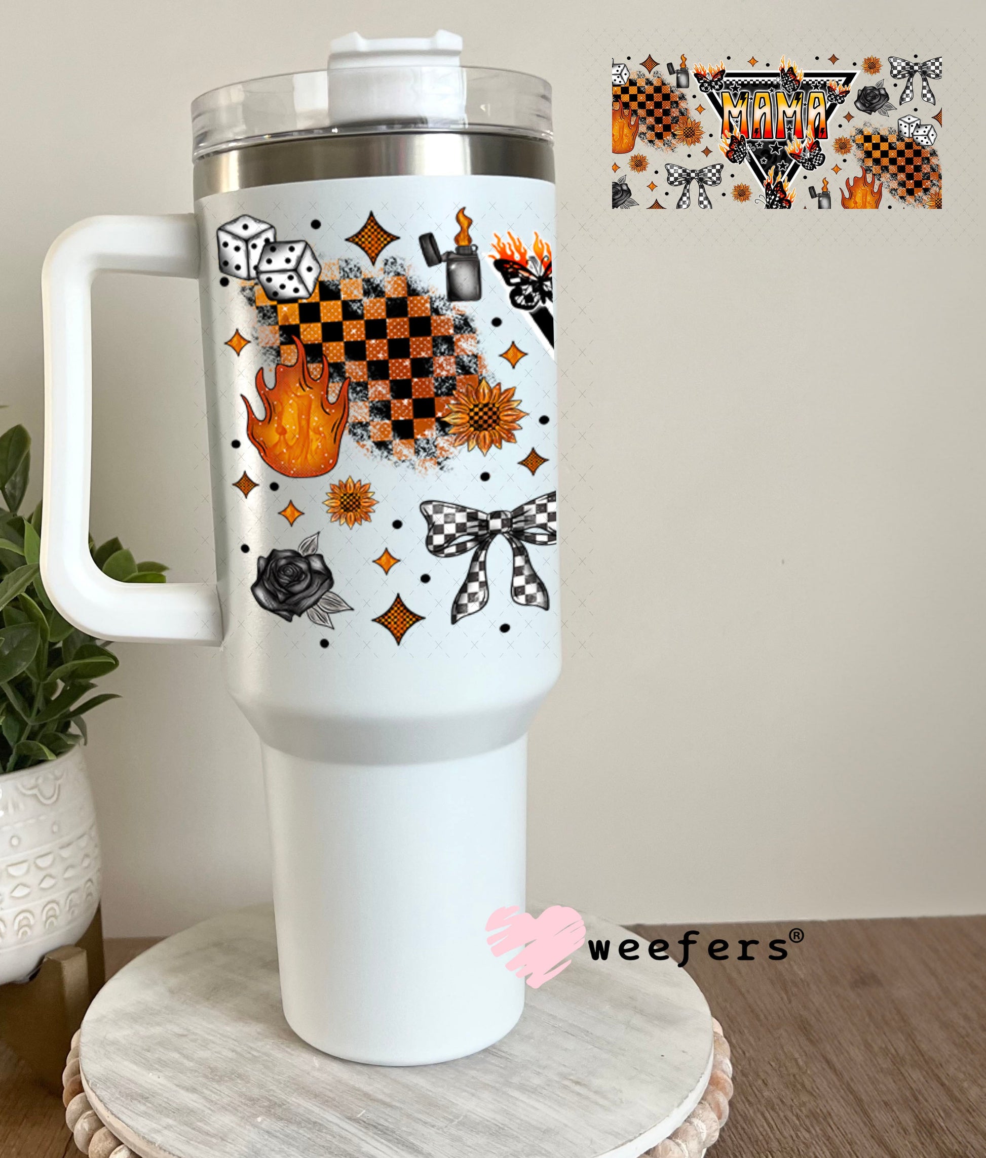 Mama Flames Checkered UV DTF Cup Wrap - Weefers® Exclusive 40oz Tumbler Wrap Weefers
