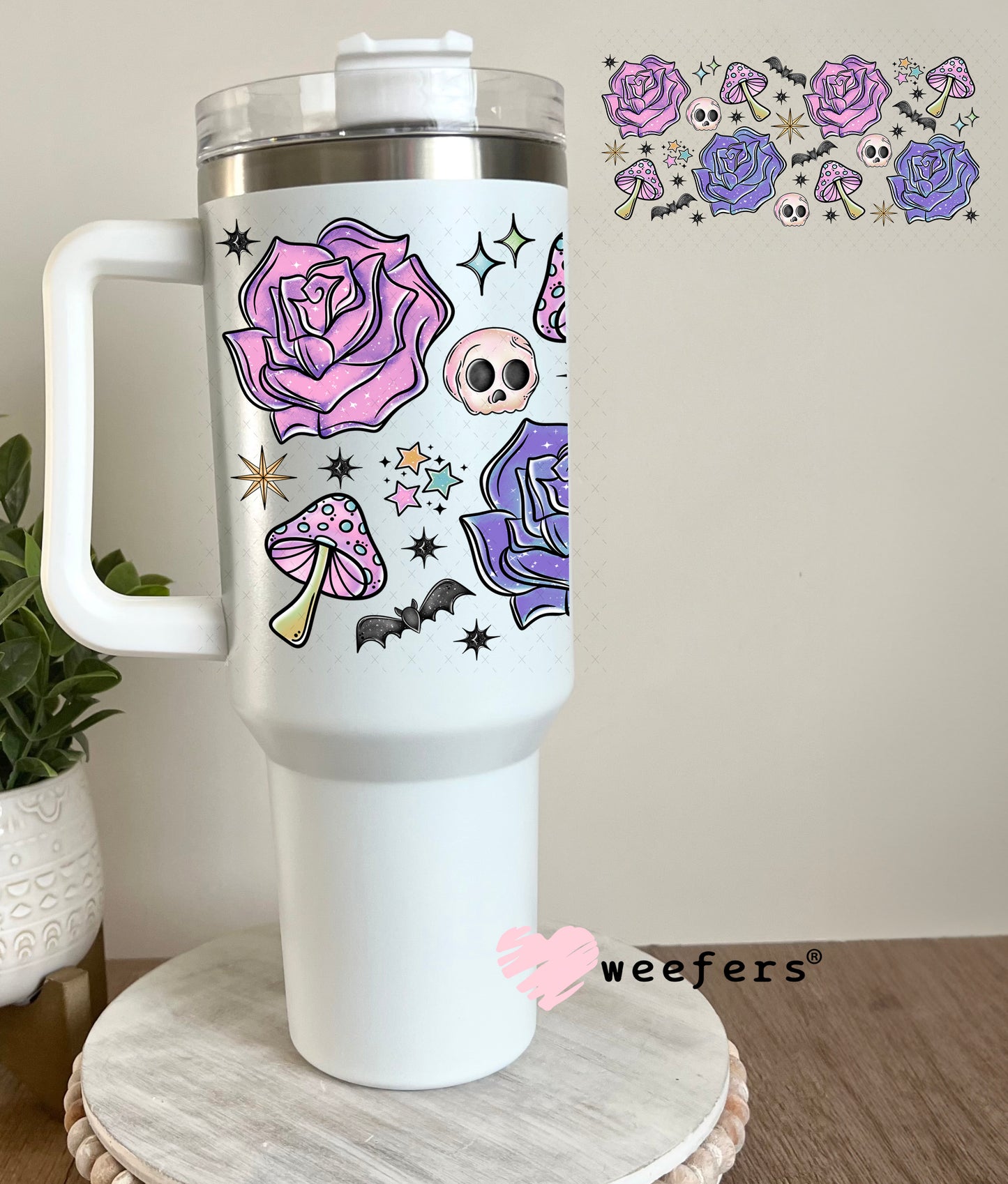 Purple Flowers Bats Skulls UV DTF Cup Wrap - Weefers Exclusive 40oz Tumbler Cup Wrap Weefers