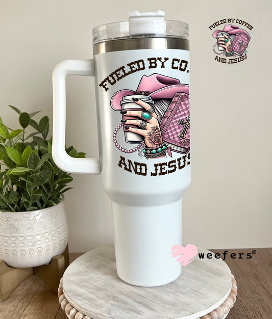 Fueled by Coffee and Jesus Mauve UV DTF Decal 40oz Tumbler Decal Weefers