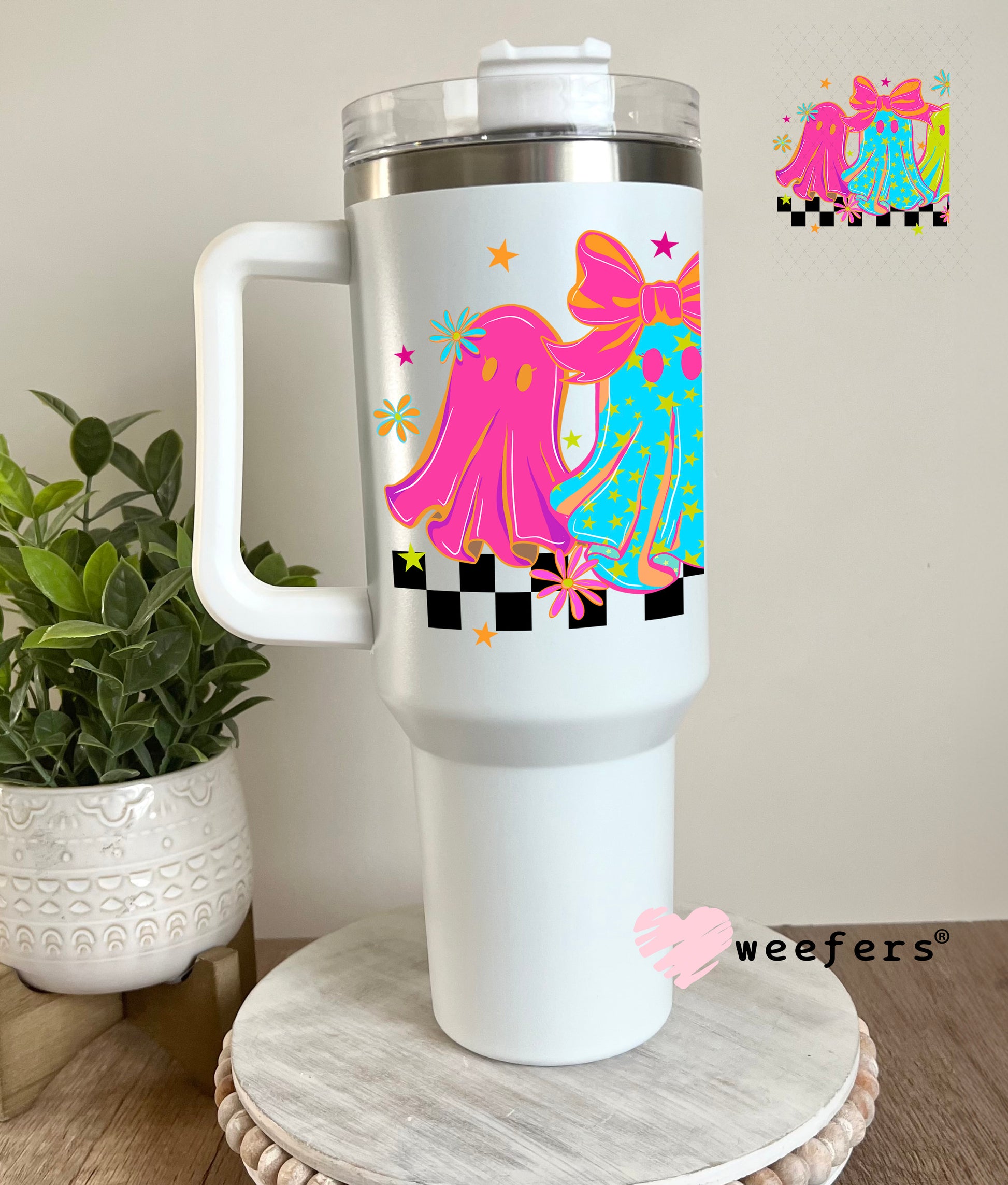 Magenta Teal and Green Girlie Ghosts UV DTF Decal 40oz Tumbler Weefers