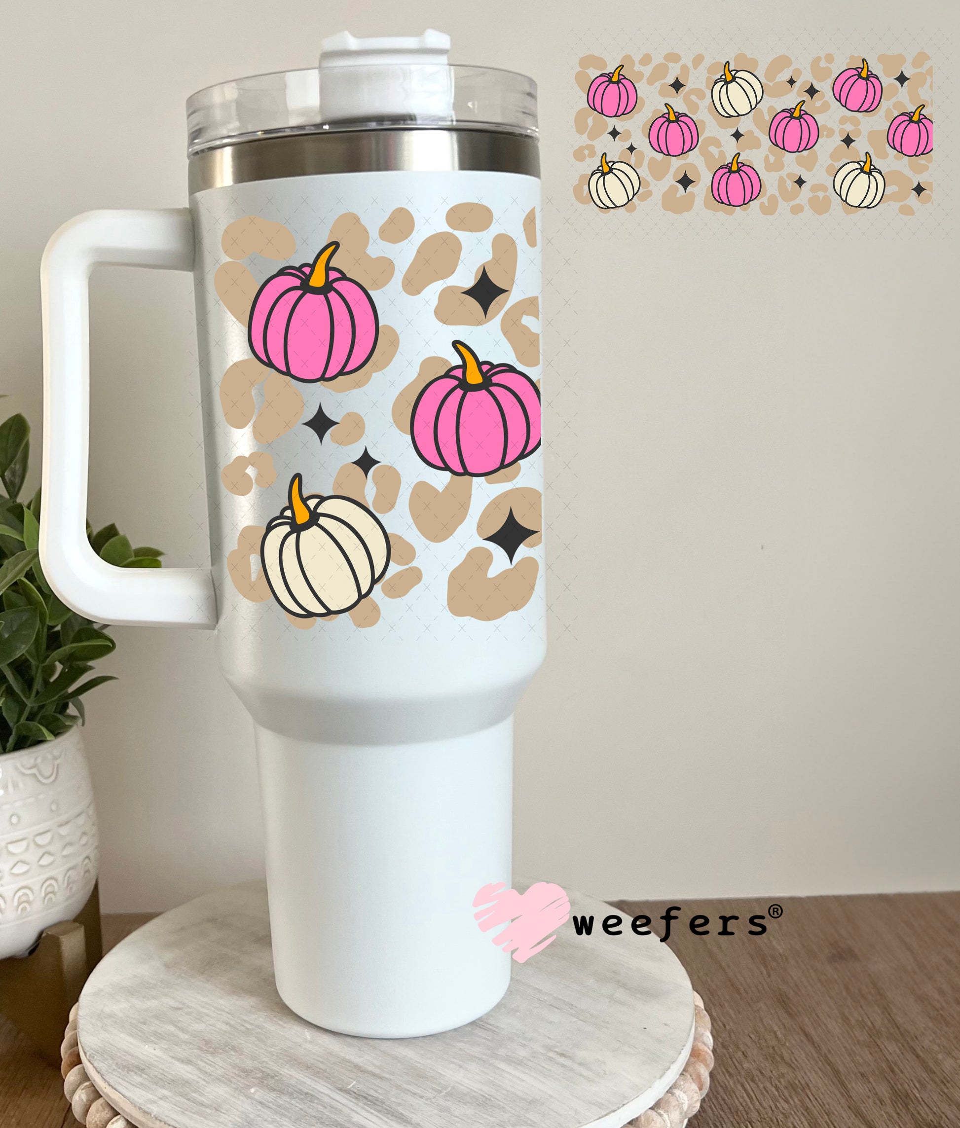 Beige Leopard Pink Pumpkins UV DTF Cup Wrap 40oz Tumbler Cup Wrap Weefers
