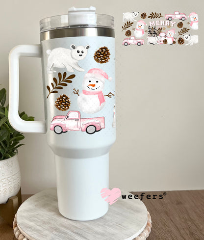 Pink Merry Snowmen and White Bears UV DTF Cup Wrap 40oz Tumbler Cup Wrap Weefers