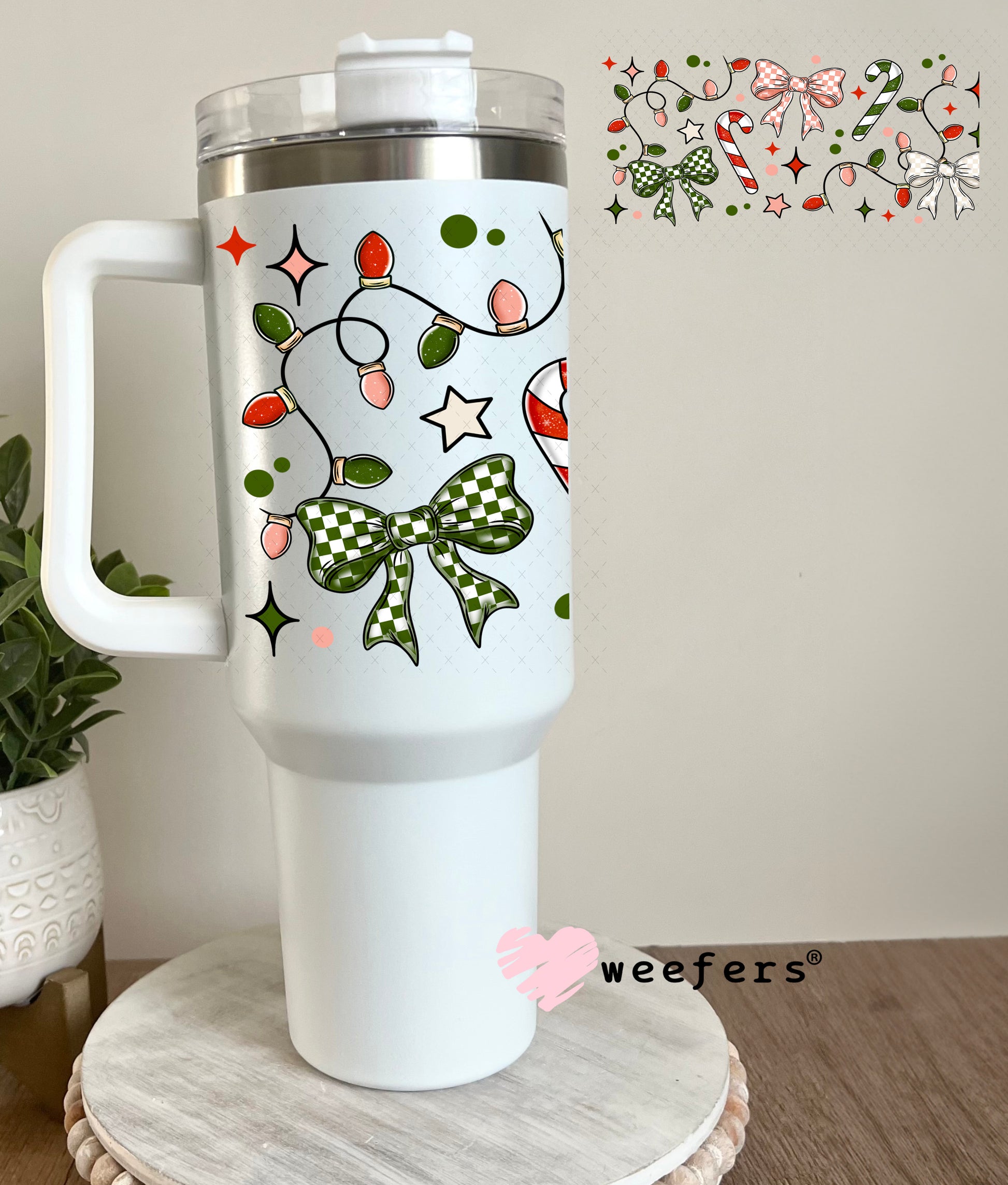 Christmas Lights and Checkered Bows UV DTF Cup Wrap 40oz Tumbler Cup Wrap Weefers