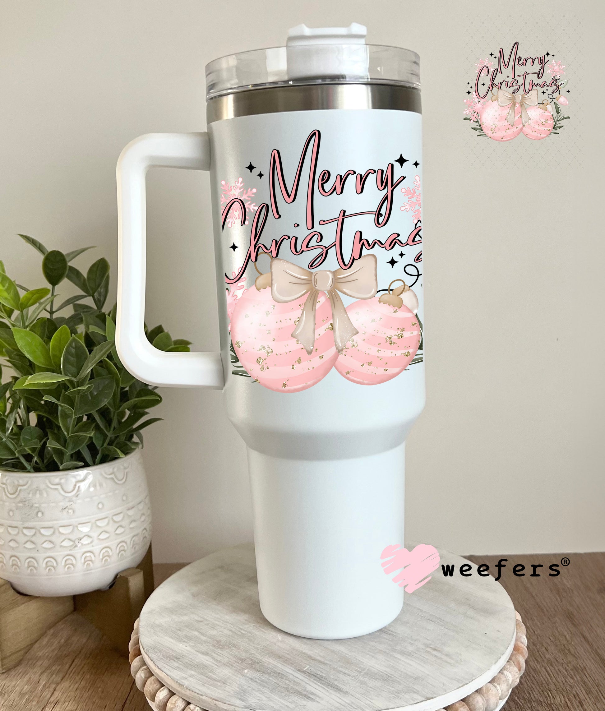 Pink Merry Christmas UV DTF Decal 40oz Tumbler Decal Weefers