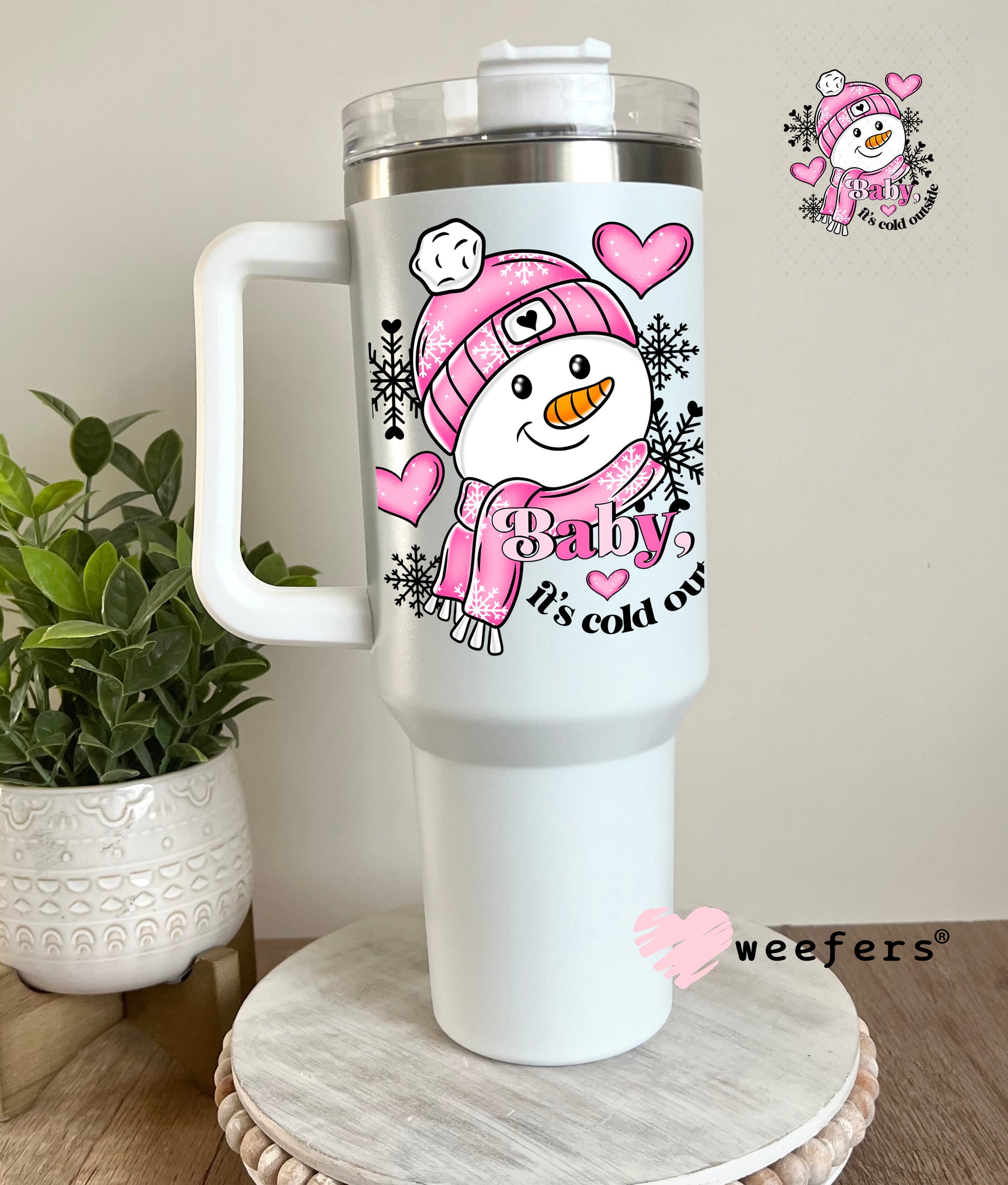 Pink Snowman Baby It's Cold Outside Christmas UV DTF Decal 40oz Tumbler Decal Weefers