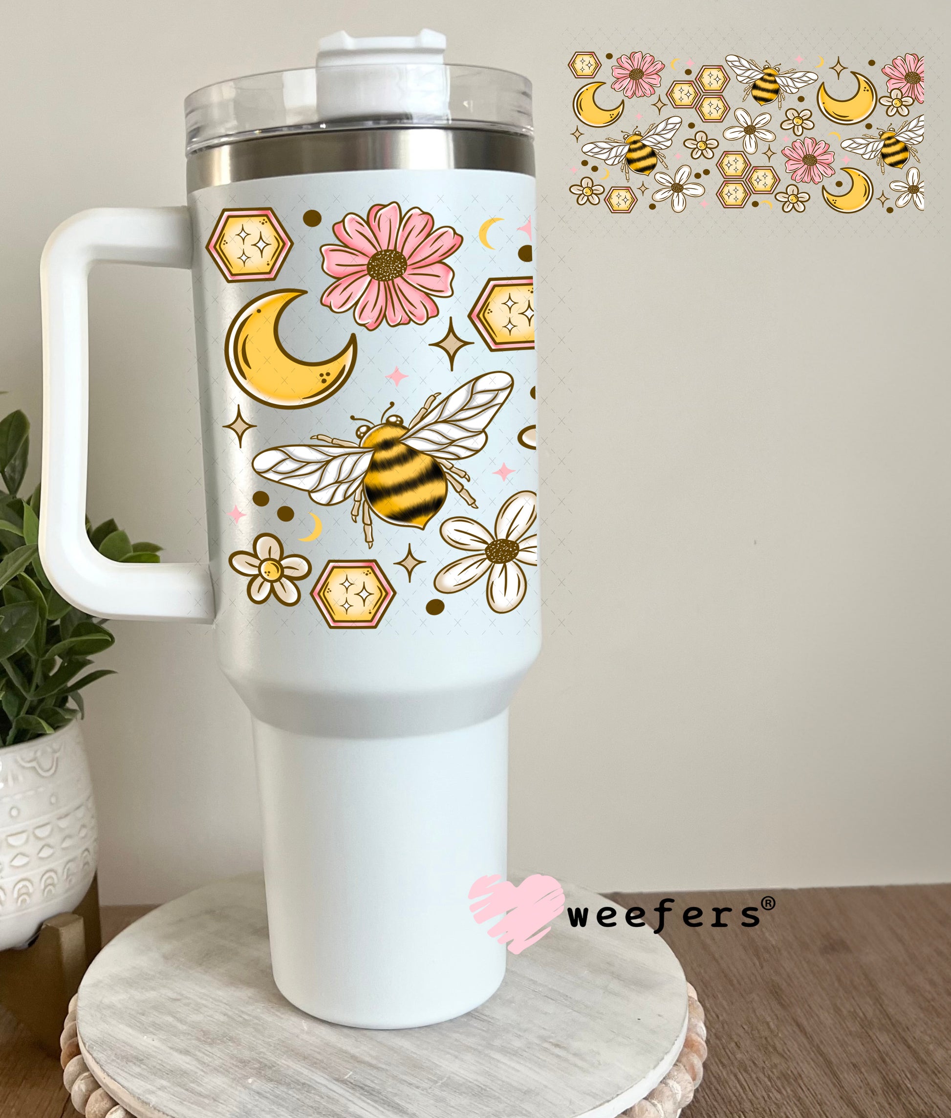 Honeycomb Bees and Pink Flowers UV DTF Cup Wrap 40oz Tumbler Cup Wrap Weefers