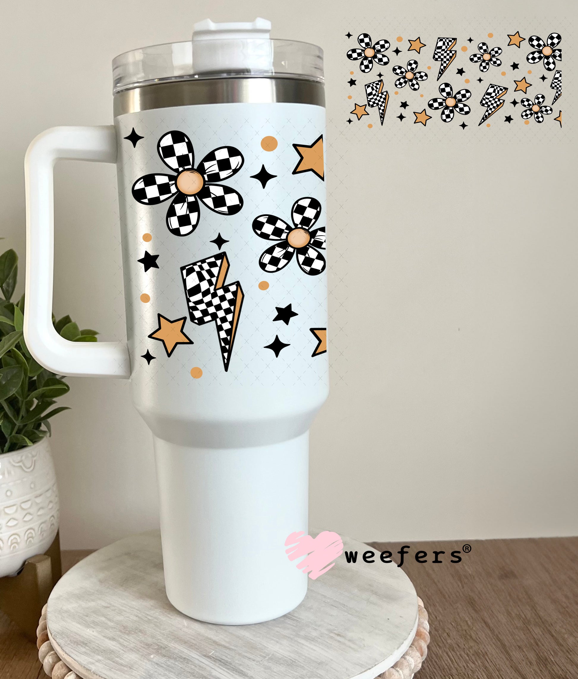 Black and White Checkered Flowers Lightening Bolts UV DTF Cup Wrap 40oz Tumbler Cup Wrap Weefers