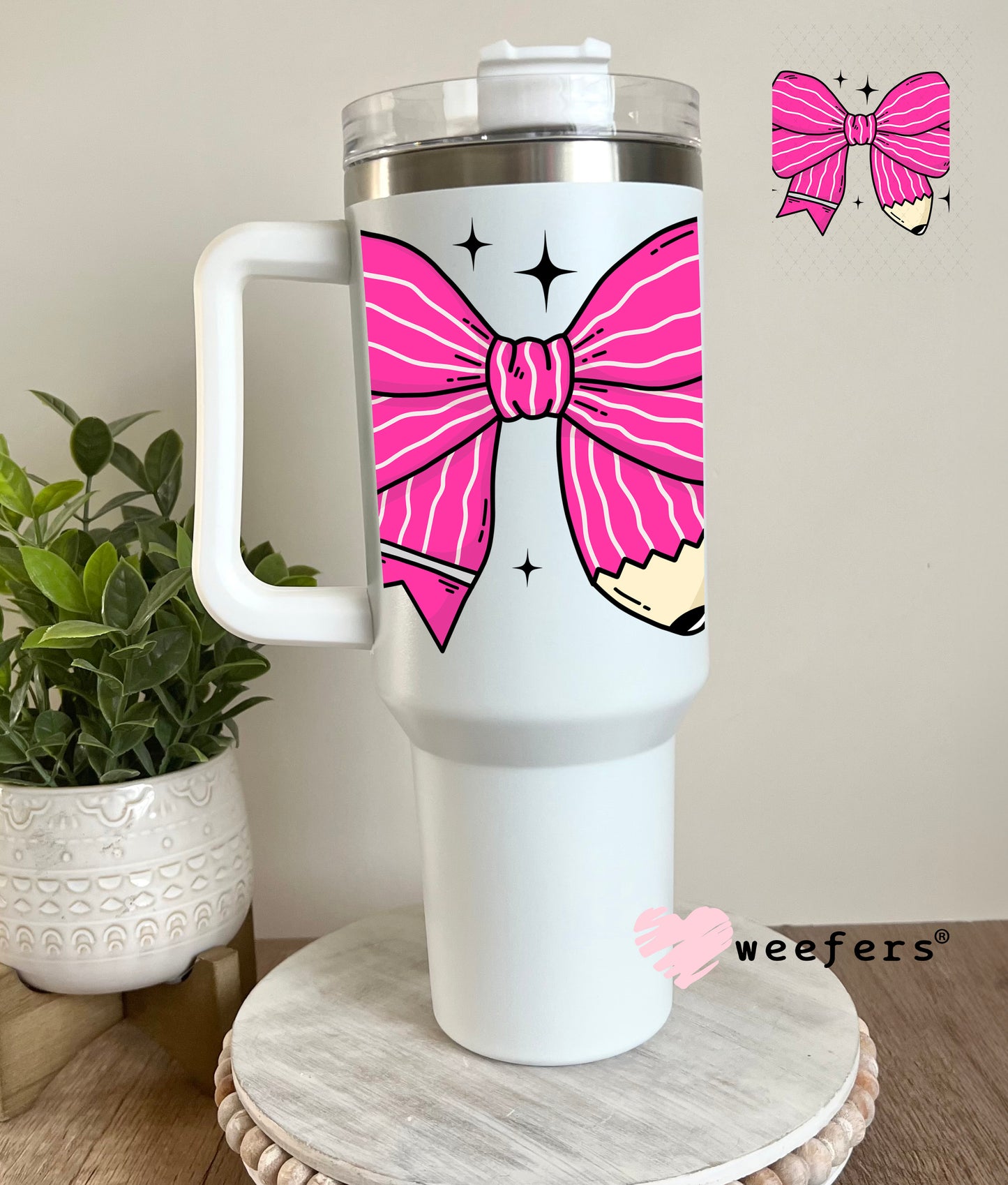 Pink Teacher Pencil Bow UV DTF Decal 40oz Tumbler Decal Weefers