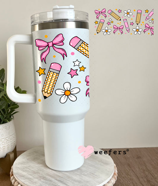 Teacher Pencils and Pink Bows UV DTF Cup Wrap 40oz Tumbler Cup Wrap Weefers