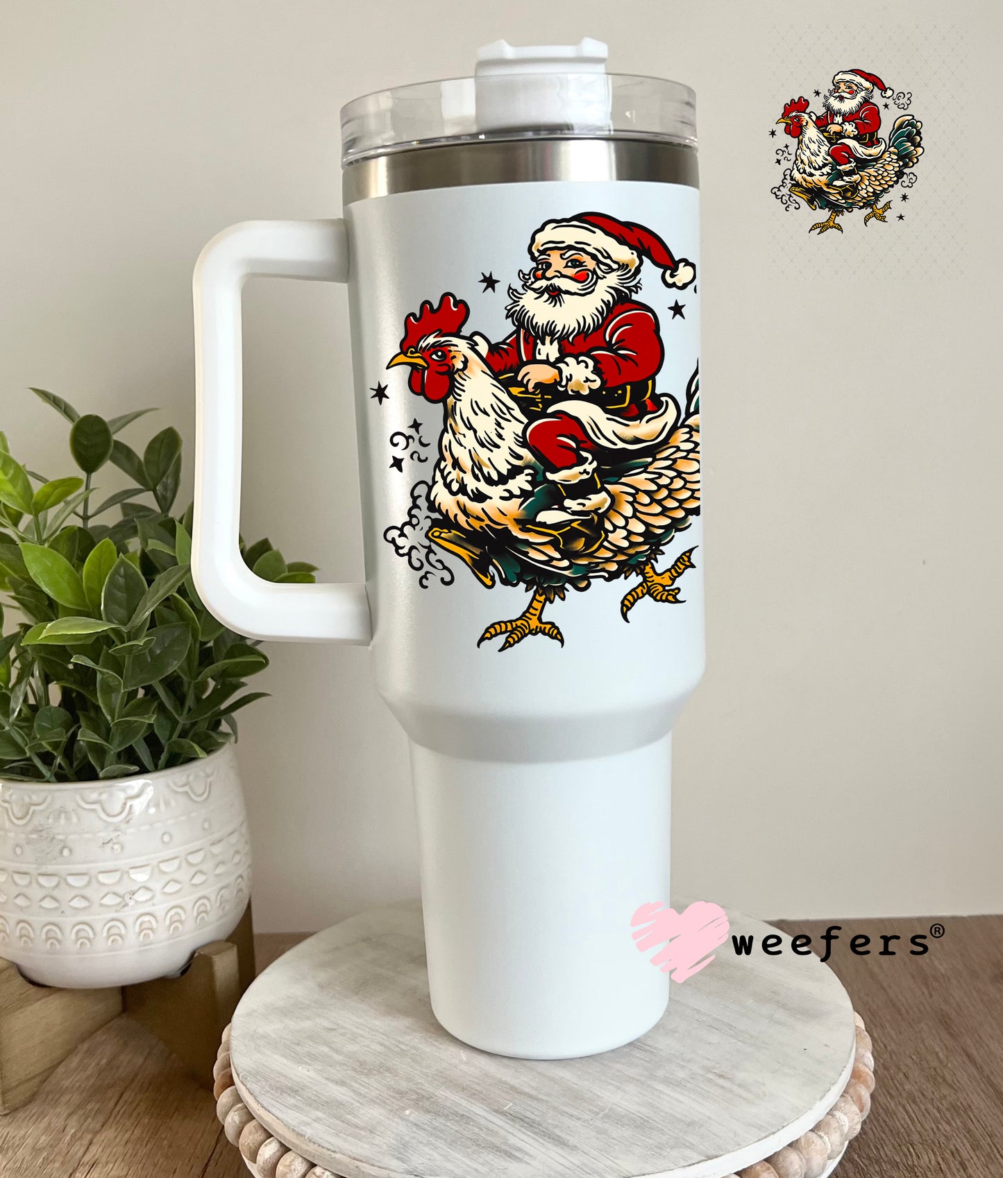 Santa Riding a Rooster UV DTF Decal 40oz Tumbler Cup Wrap Weefers