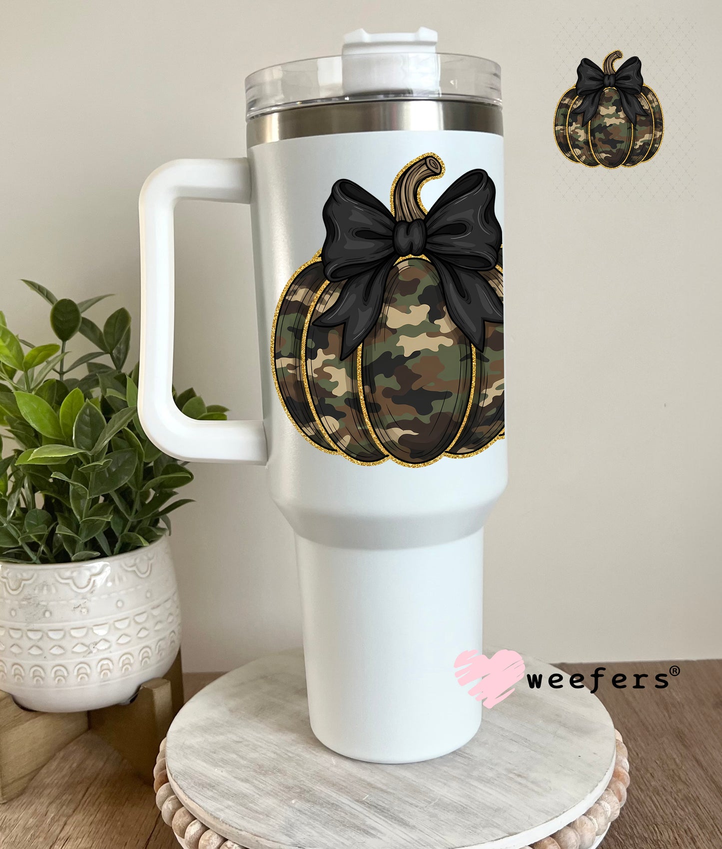 Camouflage Pumpkin Bow UV DTF Decal 40oz Tumbler Cup Wrap Weefers