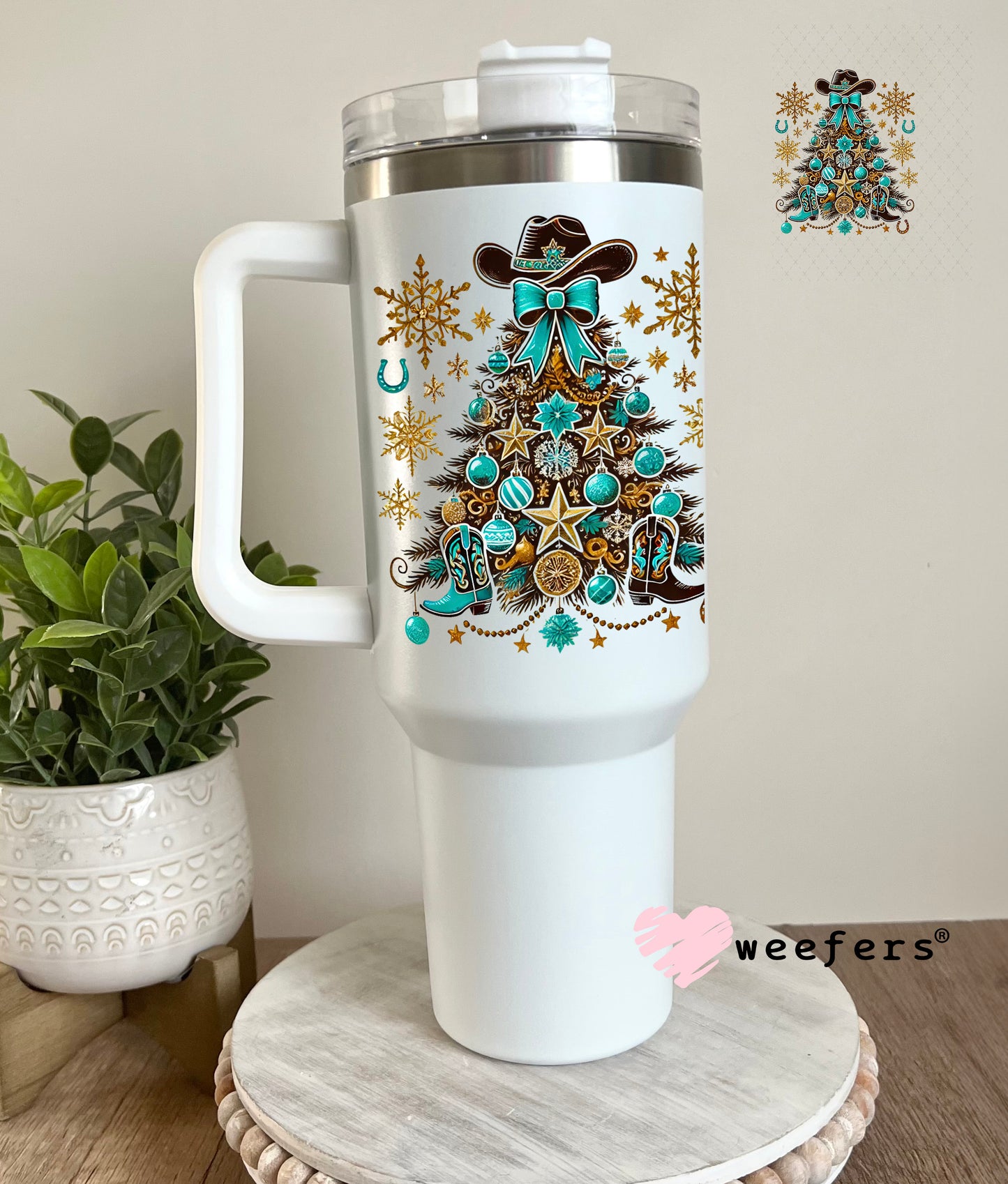Western Christmas Tree Gold Turquoise UV DTF Decal 40oz Tumbler Decal Weefers