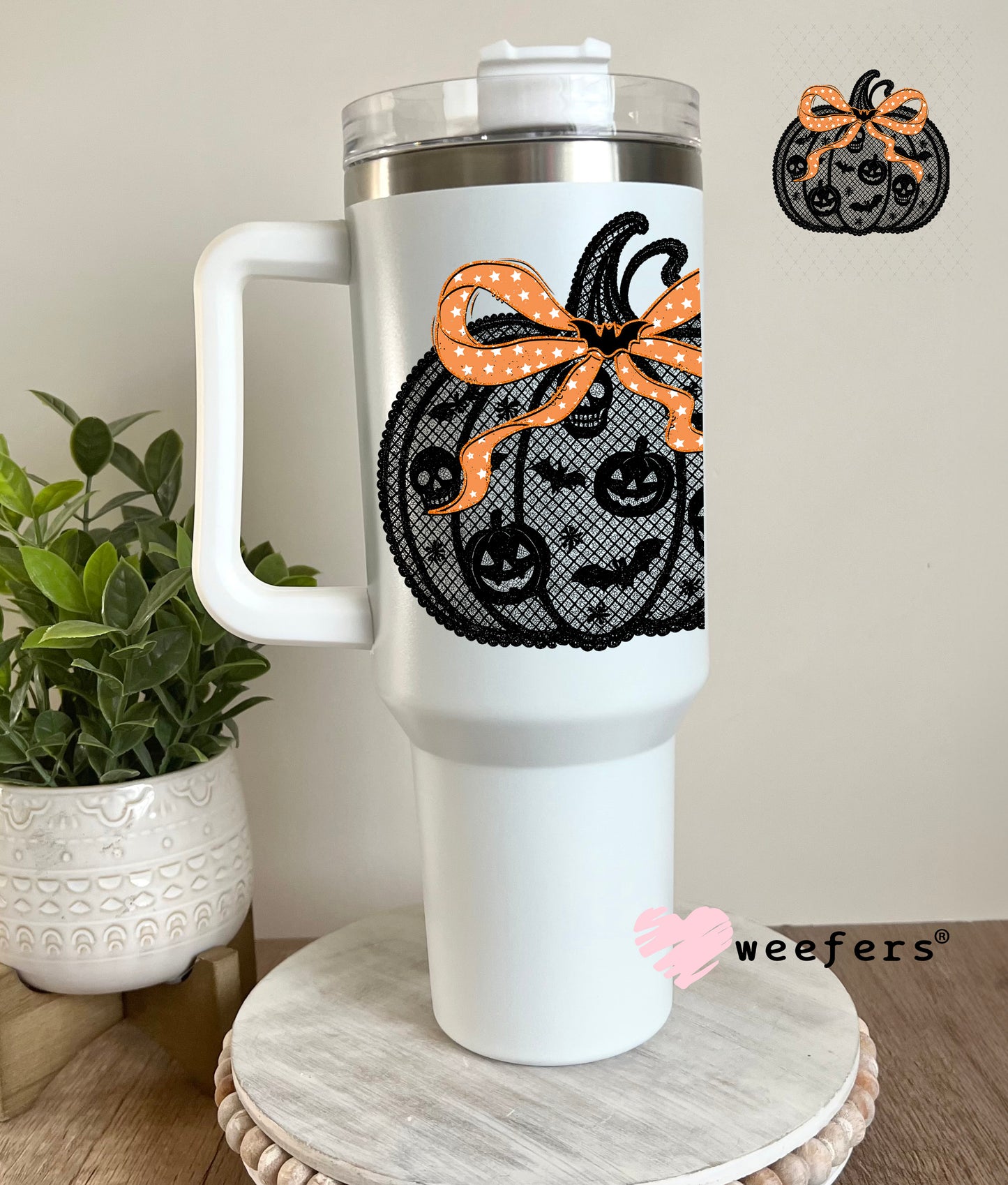 Black Lace Pumpkin Orange Bow UV DTF Decal 40oz Tumbler Cup Wrap Weefers