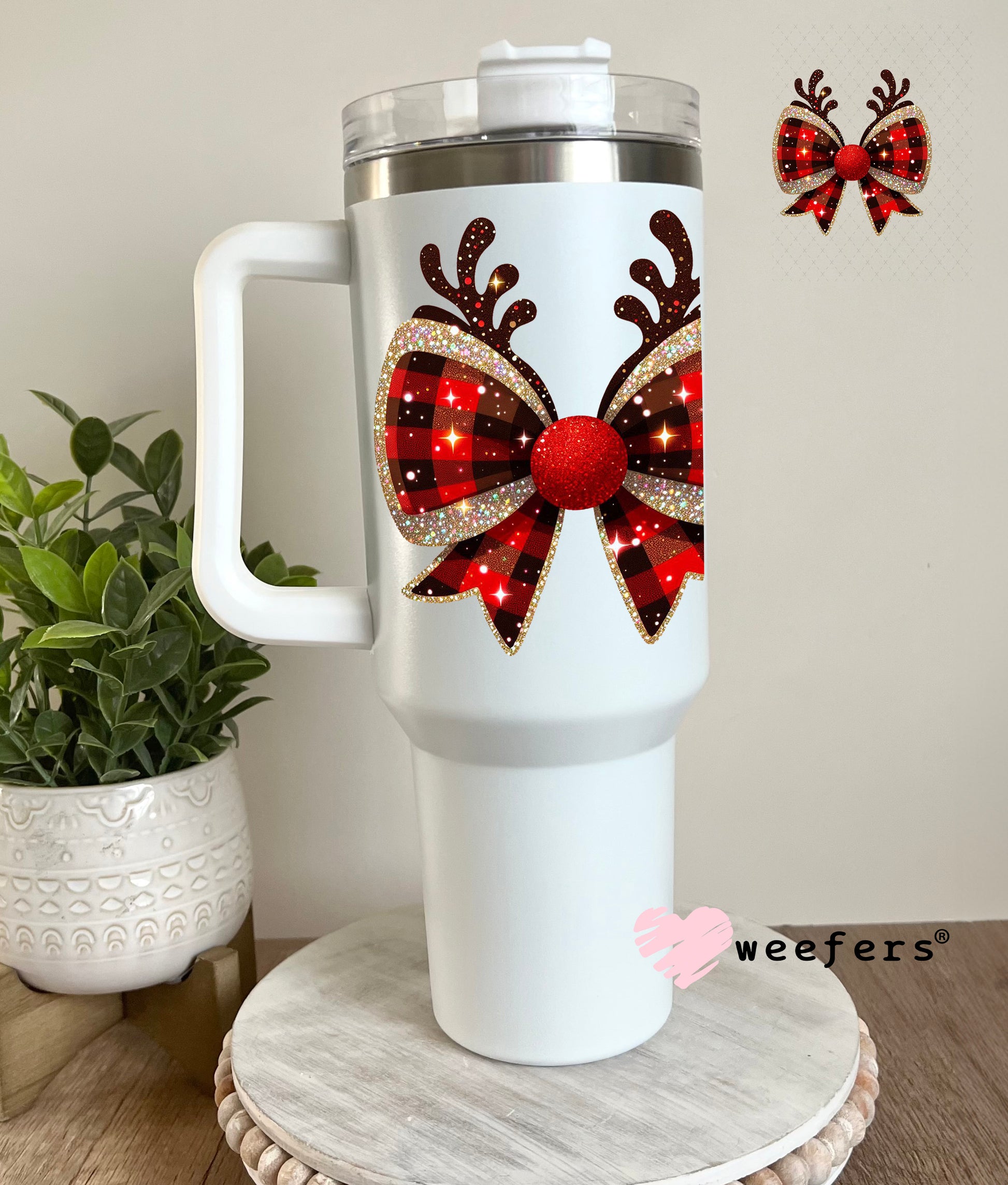 Reindeer Christmas Bow UV DTF Decal 40oz Tumbler Cup Wrap Weefers