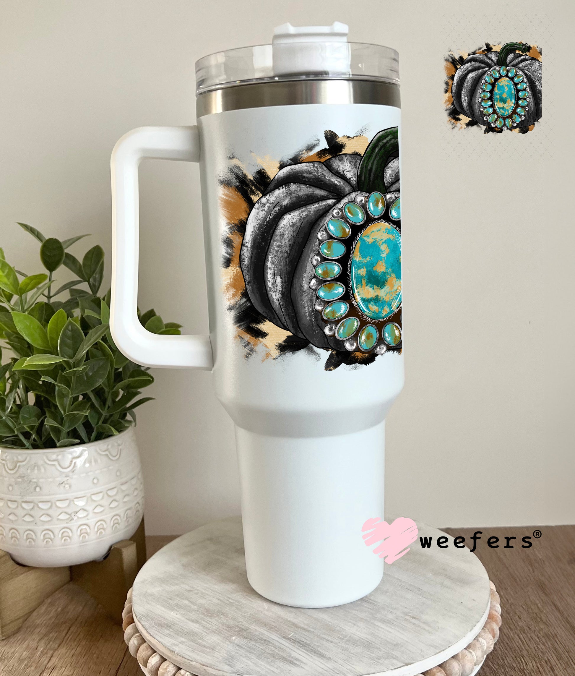 Black Pumpkin Turquoise Jewel UV DTF Decal 40oz Tumbler Cup Wrap Weefers