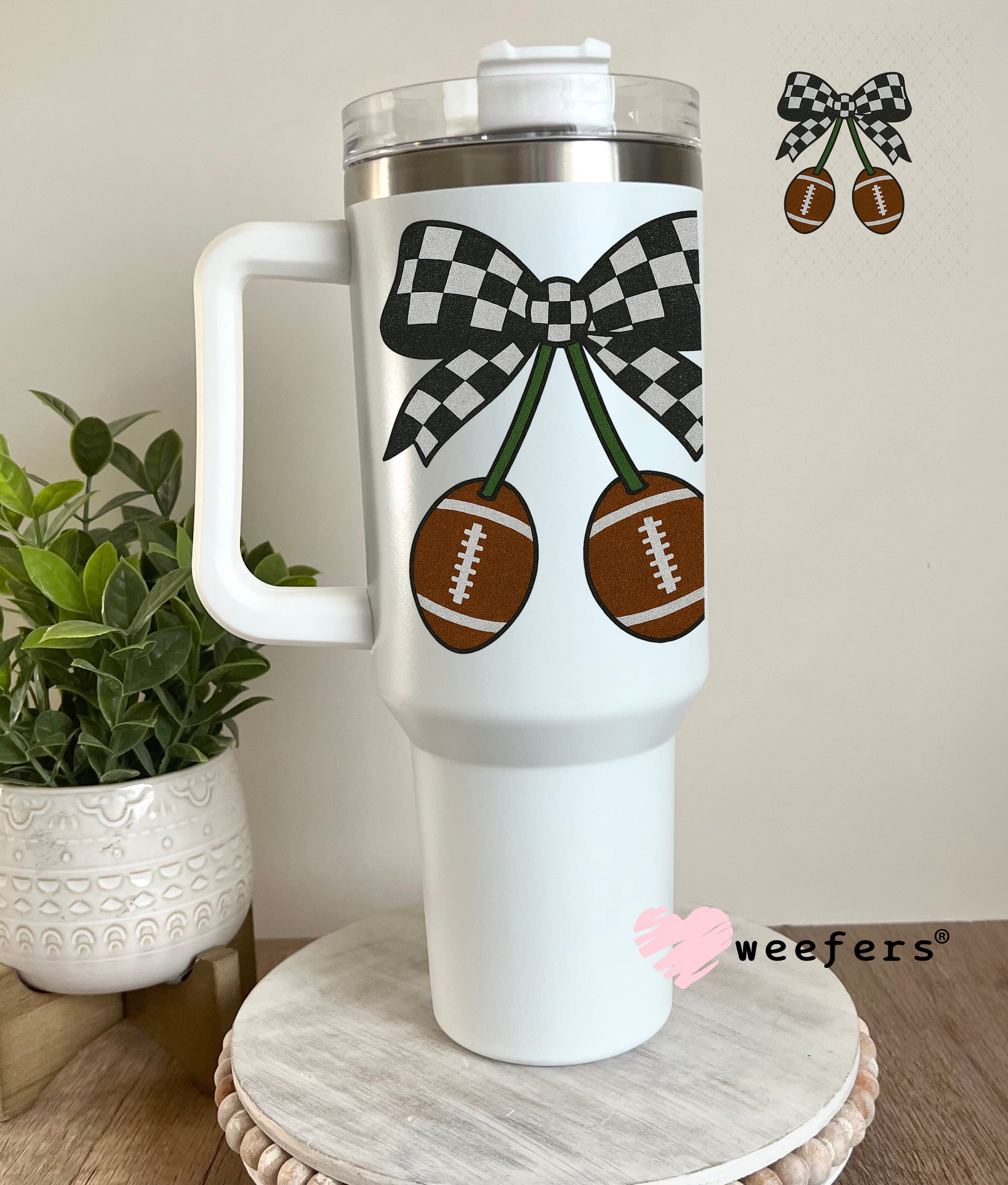 Football Black Checkered Bow UV DTF Decal 40oz Tumbler Decal Weefers