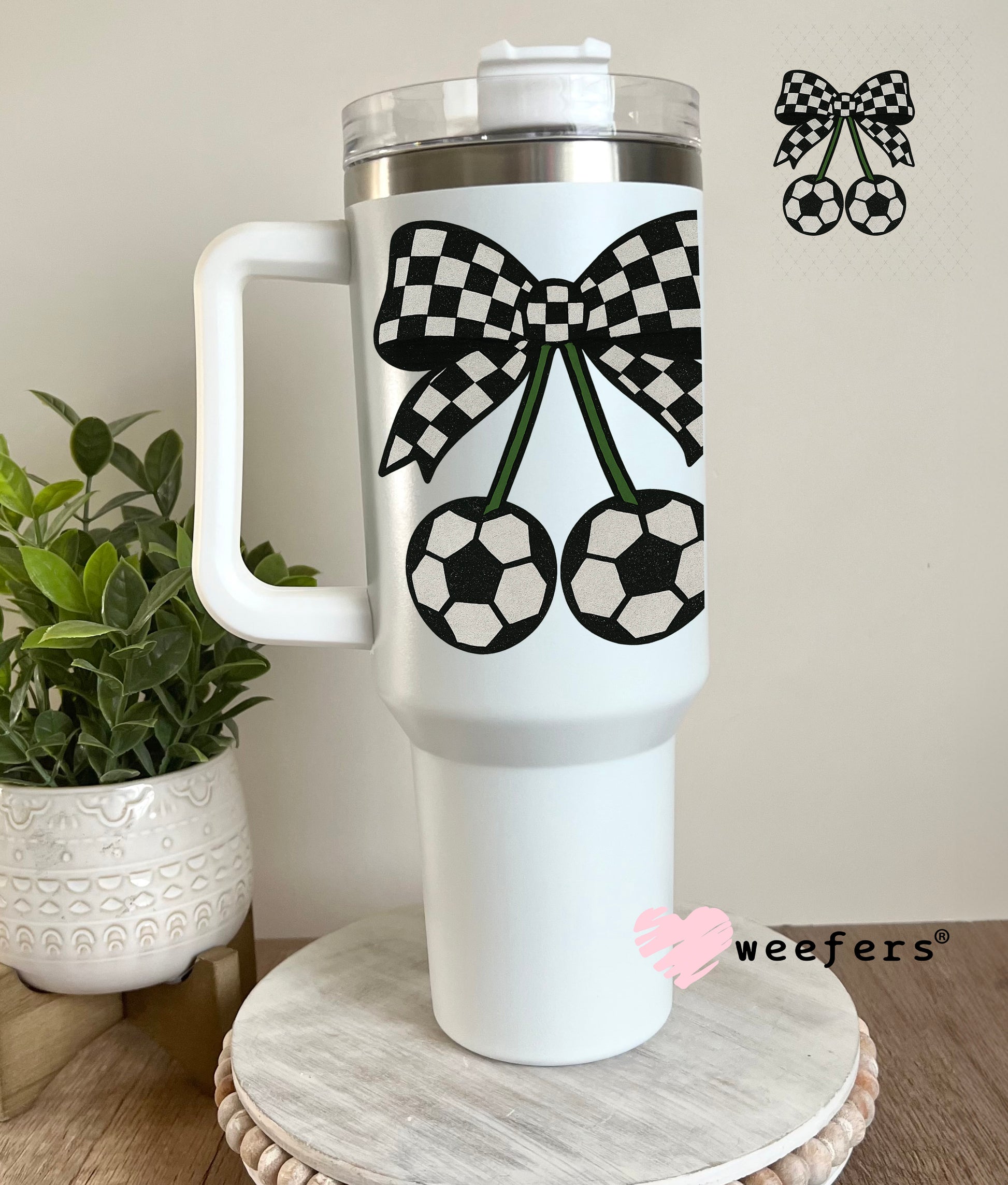 Soccer Cherry Checkered Bow UV DTF Decal 40oz Tumbler Cup Wrap Weefers