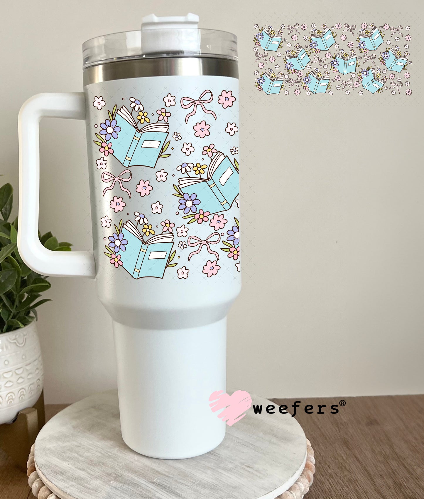 Blue Books and Dainty Flowers UV DTF Cup Wrap 40oz Tumbler Cup Wrap Weefers