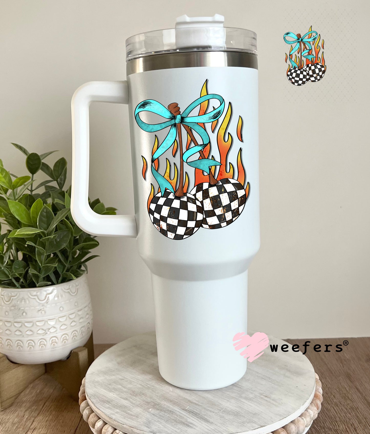 Checkered Cherries with Teal Bow UV DTF Decal 40oz Tumbler Decal Weefers