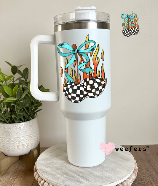 Checkered Cherries with Teal Bow UV DTF Decal 40oz Tumbler Decal Weefers