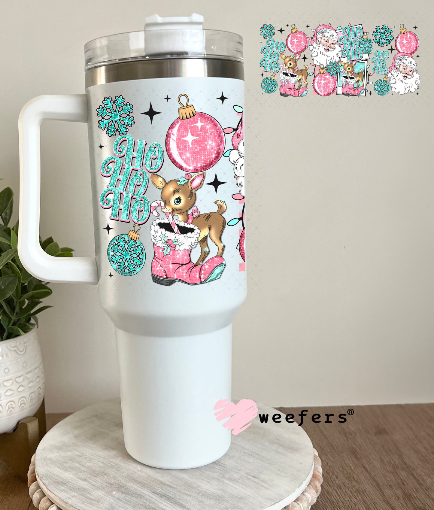 Ho Ho Ho Vintage Pink and Teal Santa UV DTF Cup Wrap 40oz Tumbler Cup Wrap Weefers