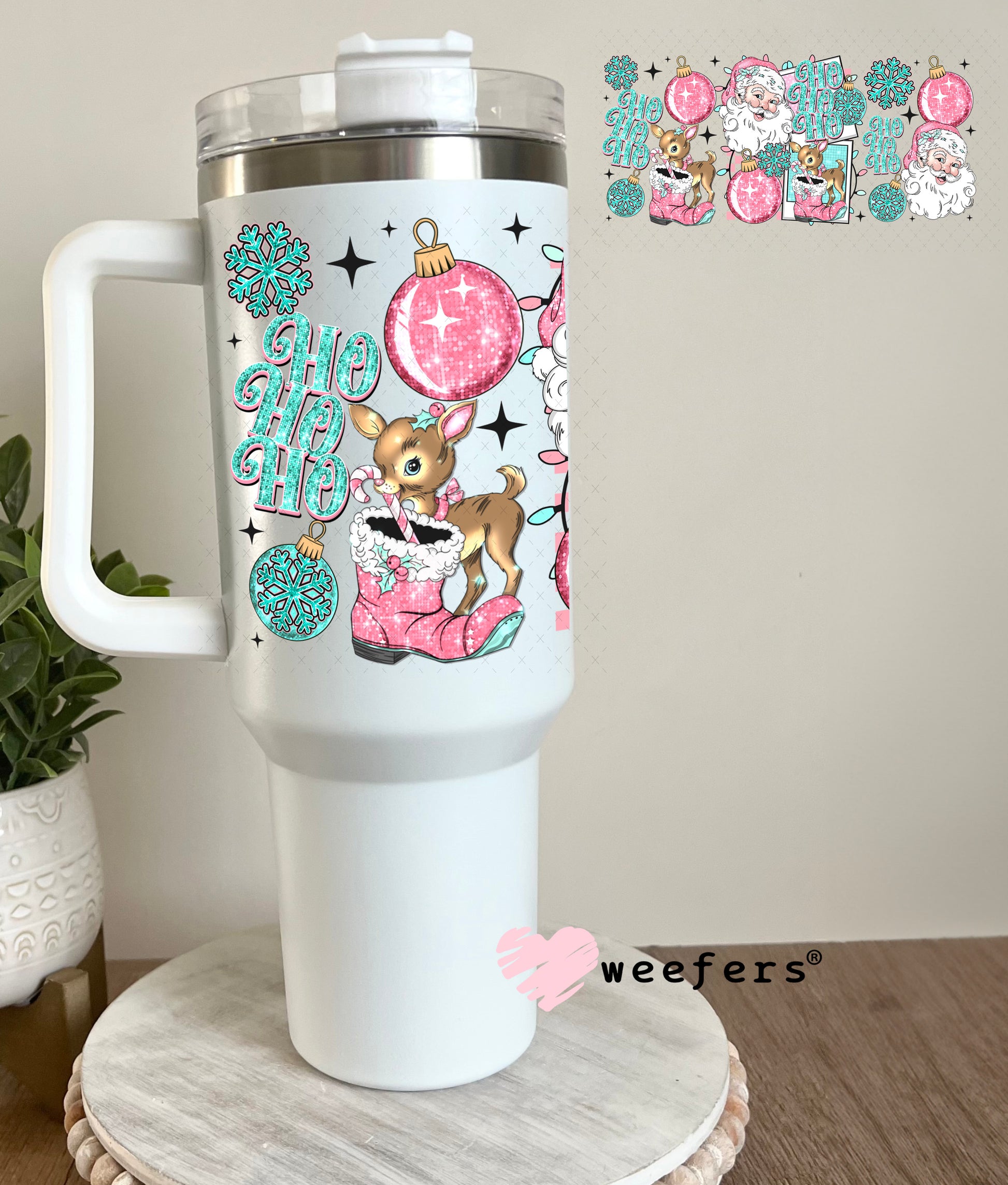 Ho Ho Ho Vintage Pink and Teal Santa UV DTF Cup Wrap 40oz Tumbler Cup Wrap Weefers